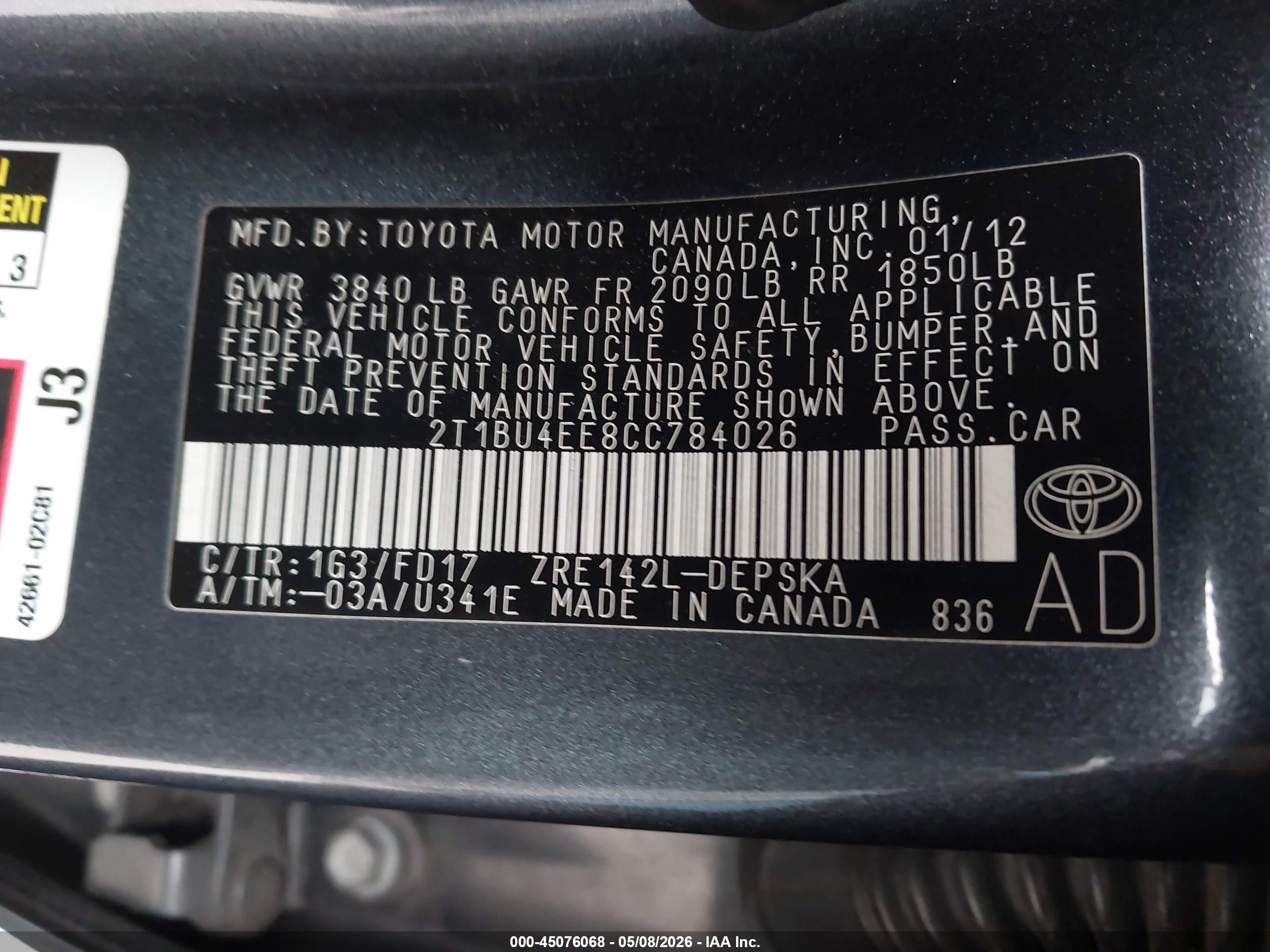 2012 Toyota Corolla S Gray vin: 2T1BU4EE8CC784026