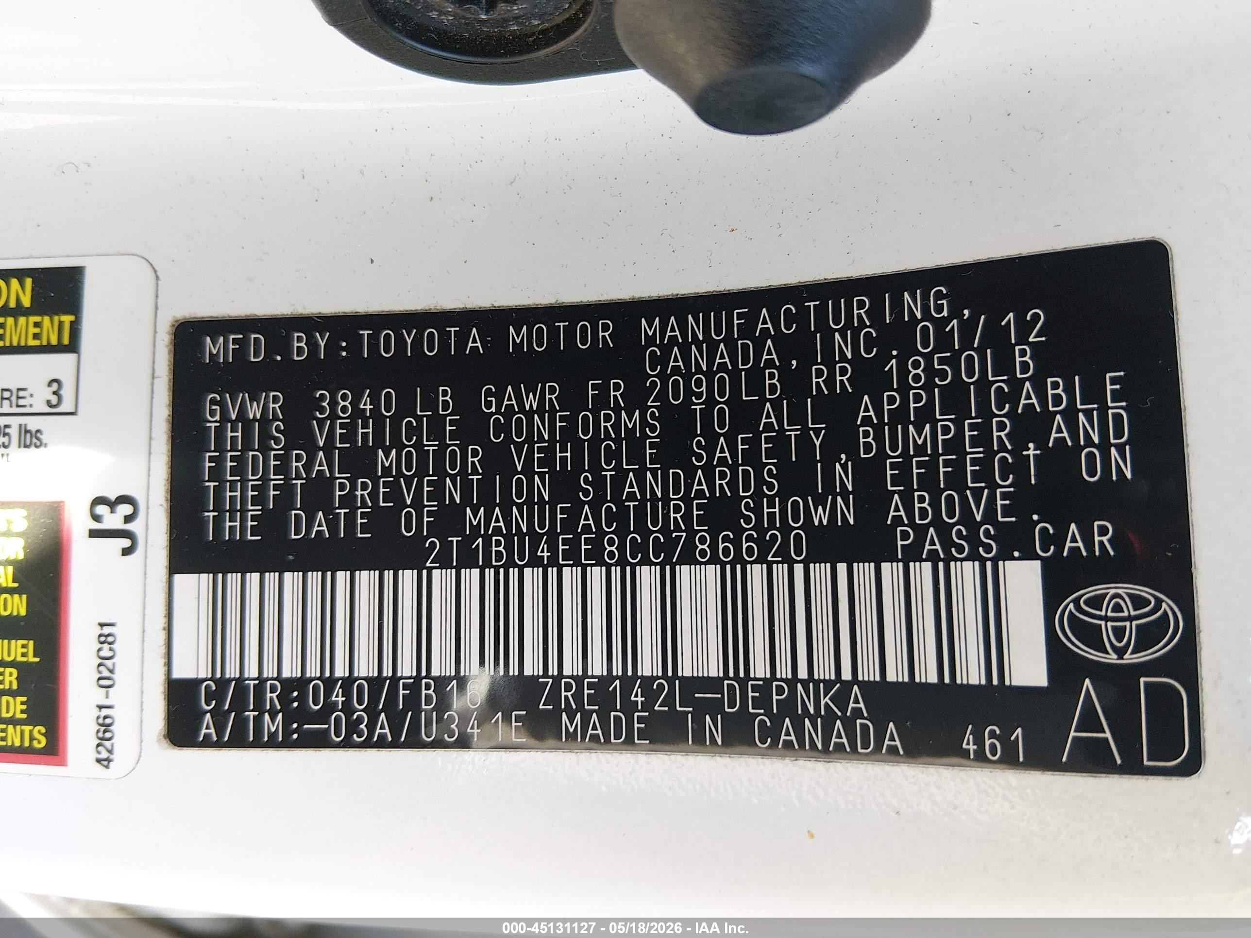 2012 Toyota Corolla Le White vin: 2T1BU4EE8CC786620