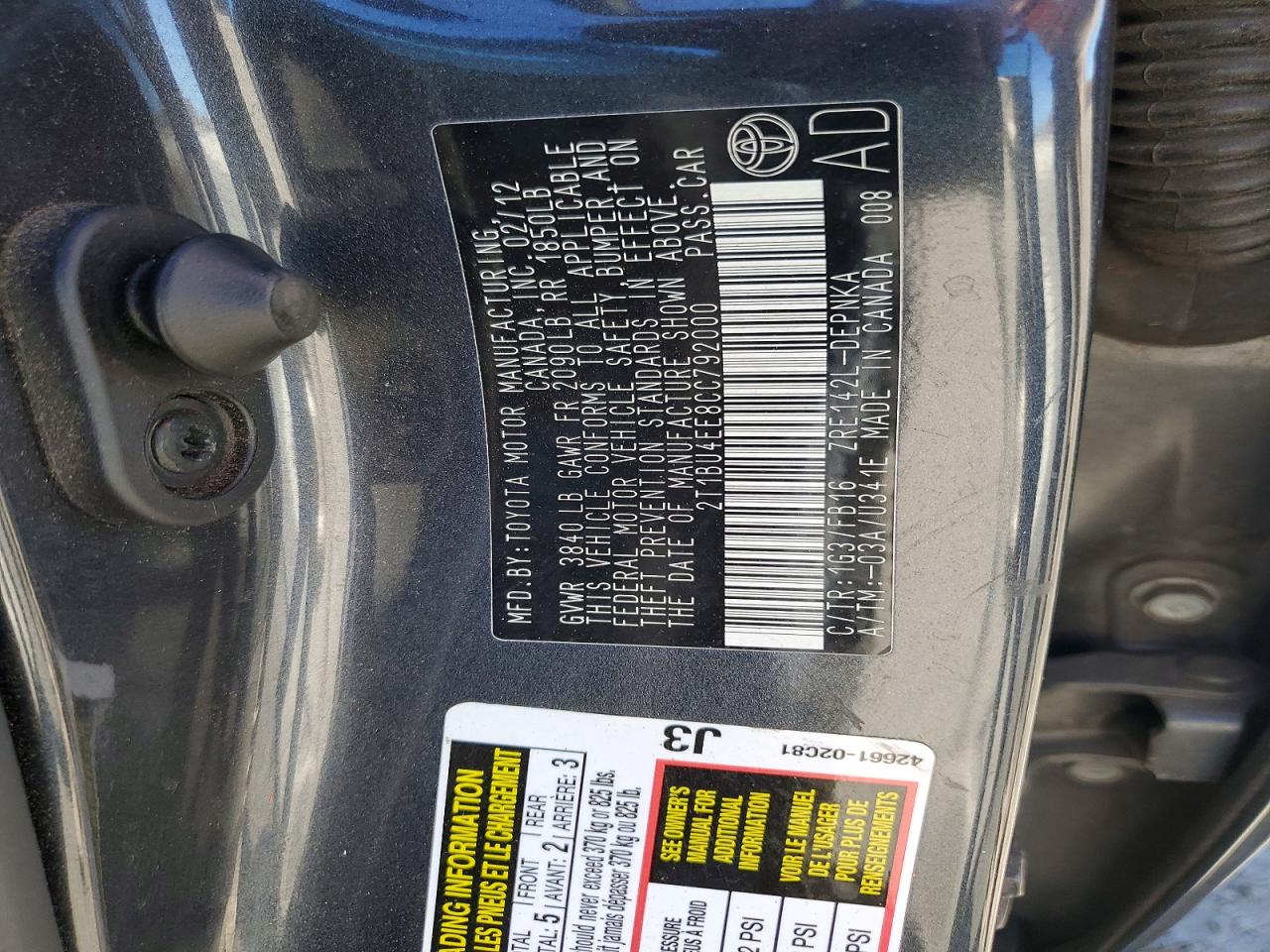 2012 Toyota Corolla Base Gray vin: 2T1BU4EE8CC792000