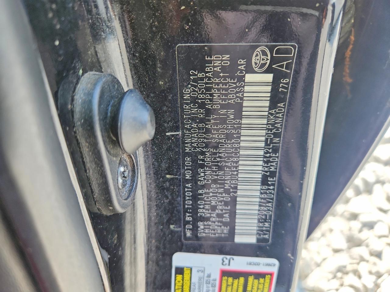 2012 Toyota Corolla Le Black vin: 2T1BU4EE8CC801519