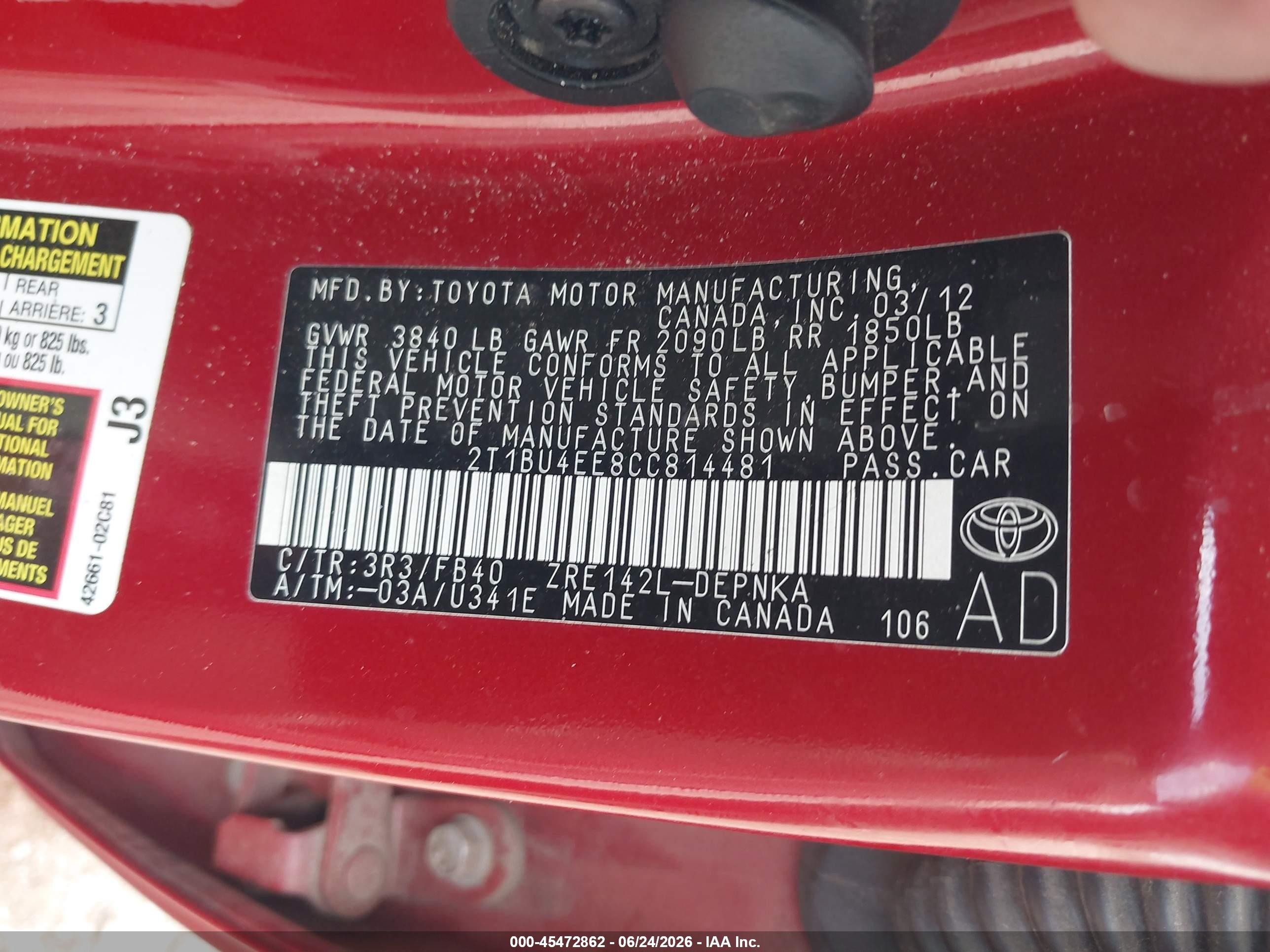 2012 Toyota Corolla Le Red vin: 2T1BU4EE8CC814481