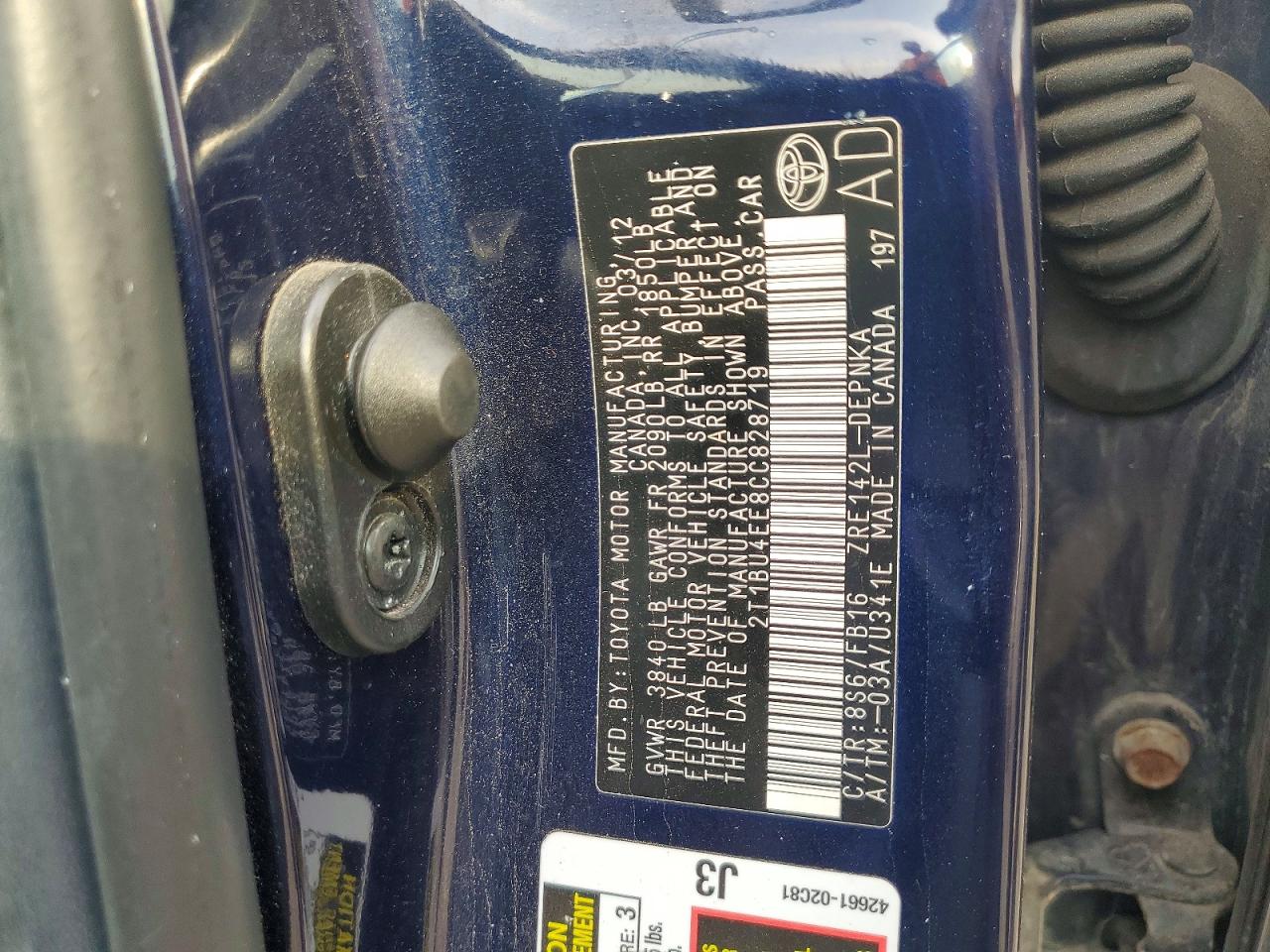 2012 Toyota Corolla Le Blue vin: 2T1BU4EE8CC828719