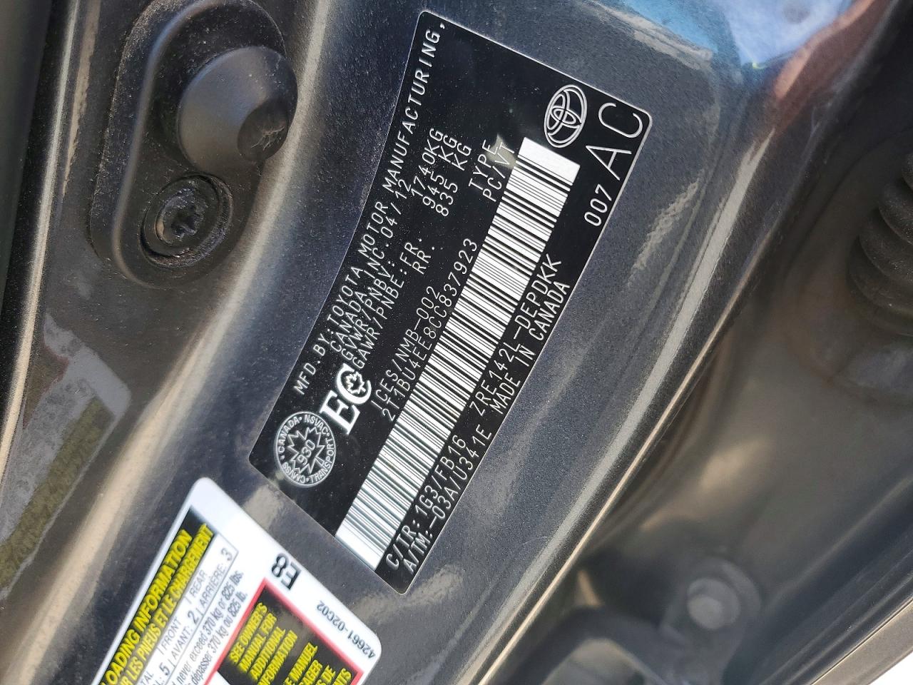 2012 Toyota Corolla L Charcoal vin: 2T1BU4EE8CC837923