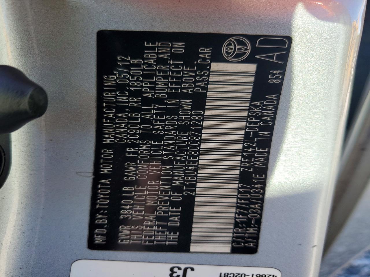 2012 Toyota Corolla S Silver vin: 2T1BU4EE8CC871280