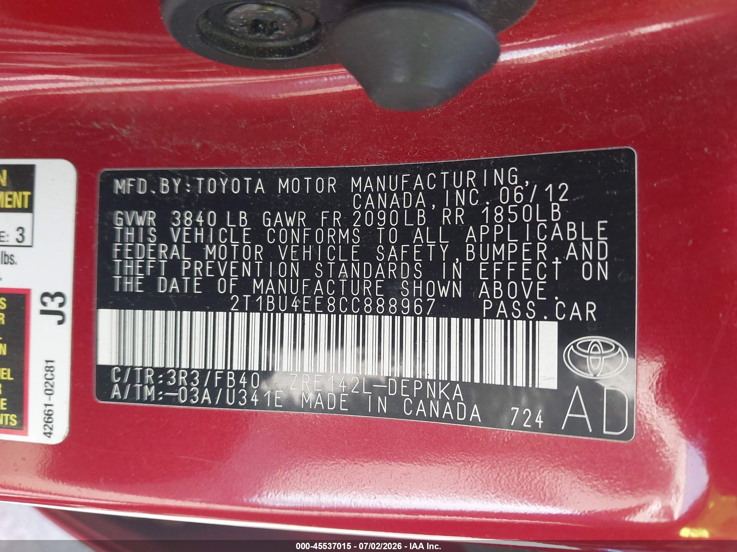 2012 Toyota Corolla Le Red vin: 2T1BU4EE8CC888967