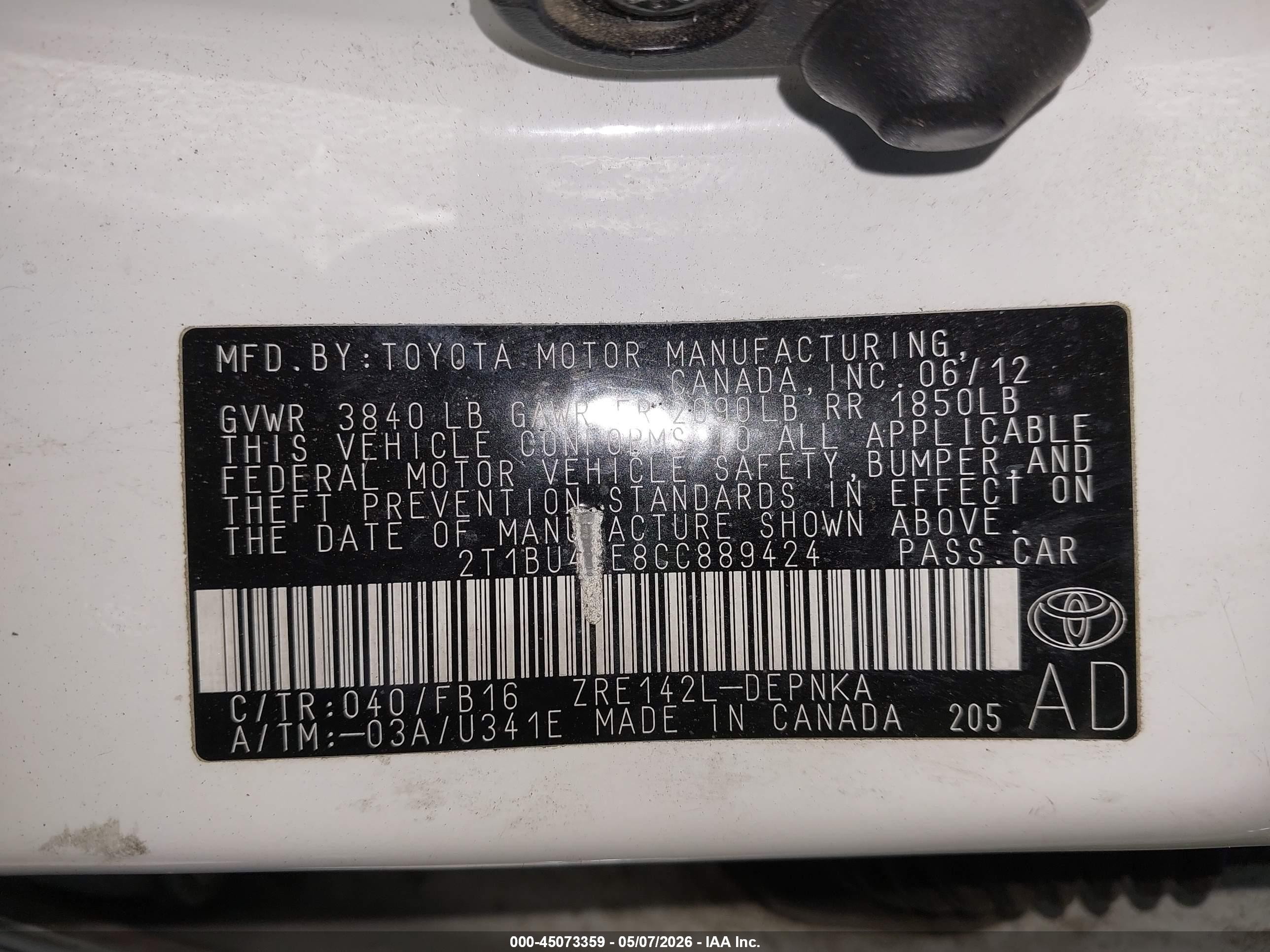 2012 Toyota Corolla Le White vin: 2T1BU4EE8CC889424
