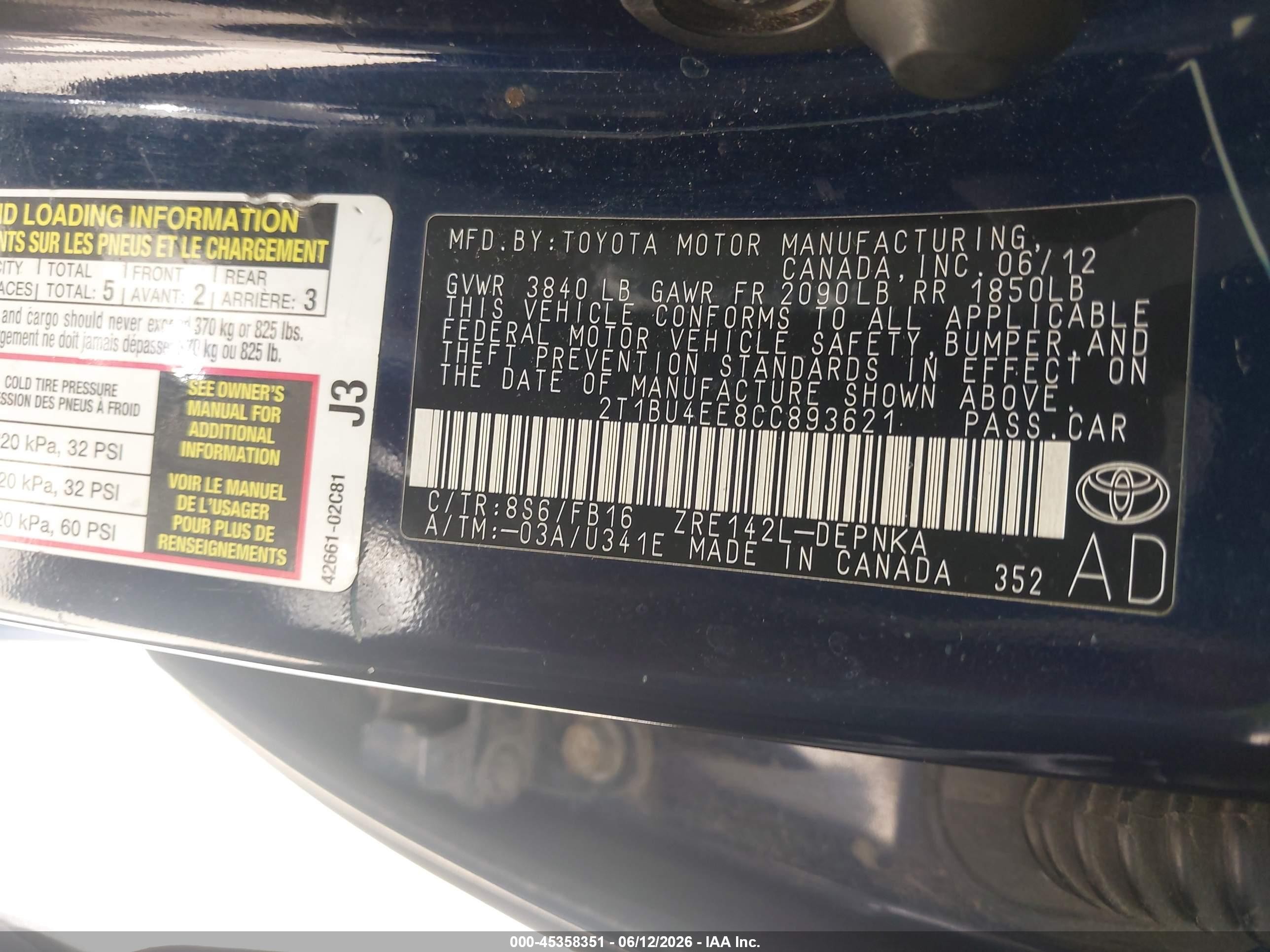 2012 Toyota Corolla Le Blue vin: 2T1BU4EE8CC893621
