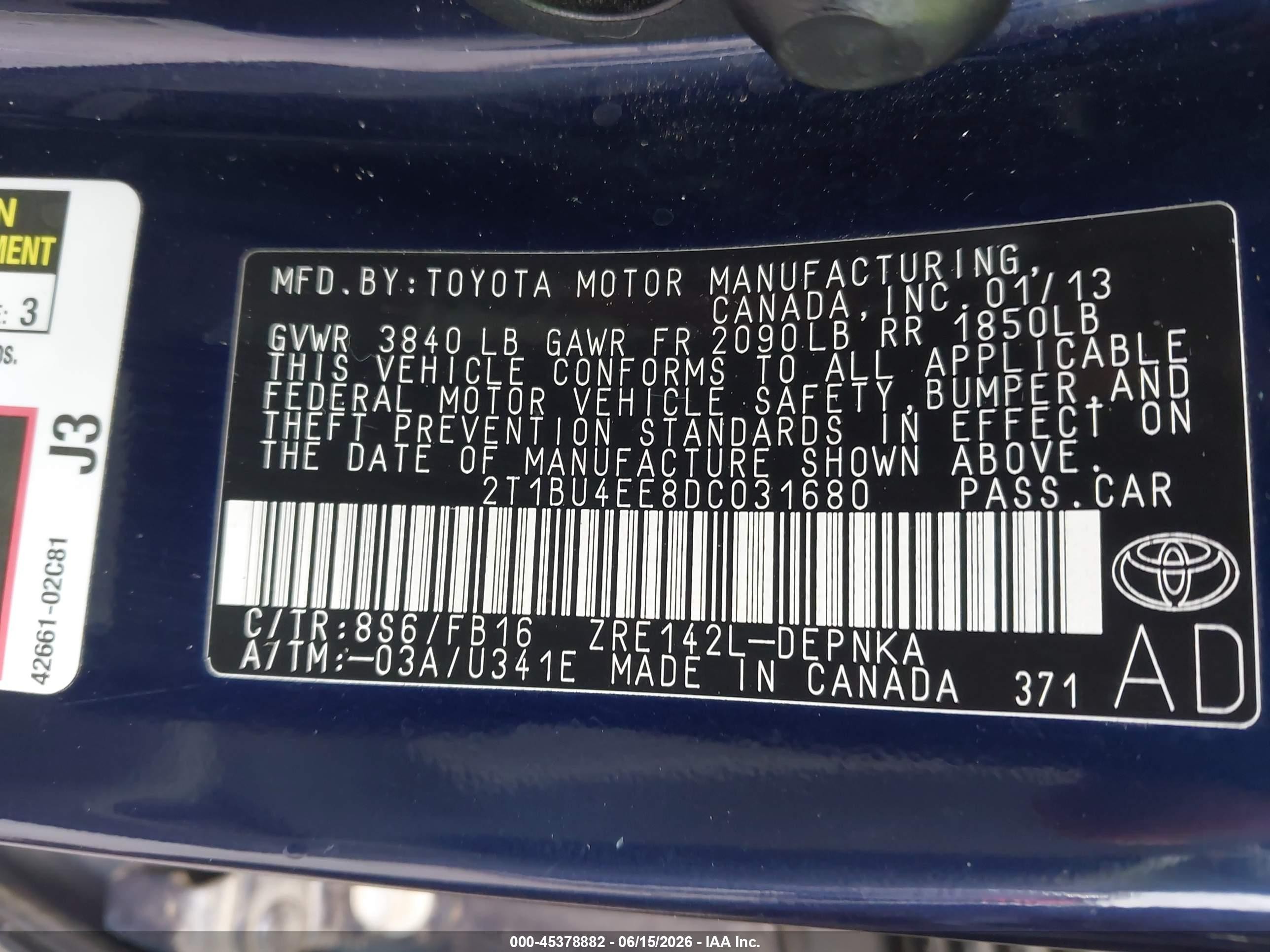 2013 Toyota Corolla Le Blue vin: 2T1BU4EE8DC031680