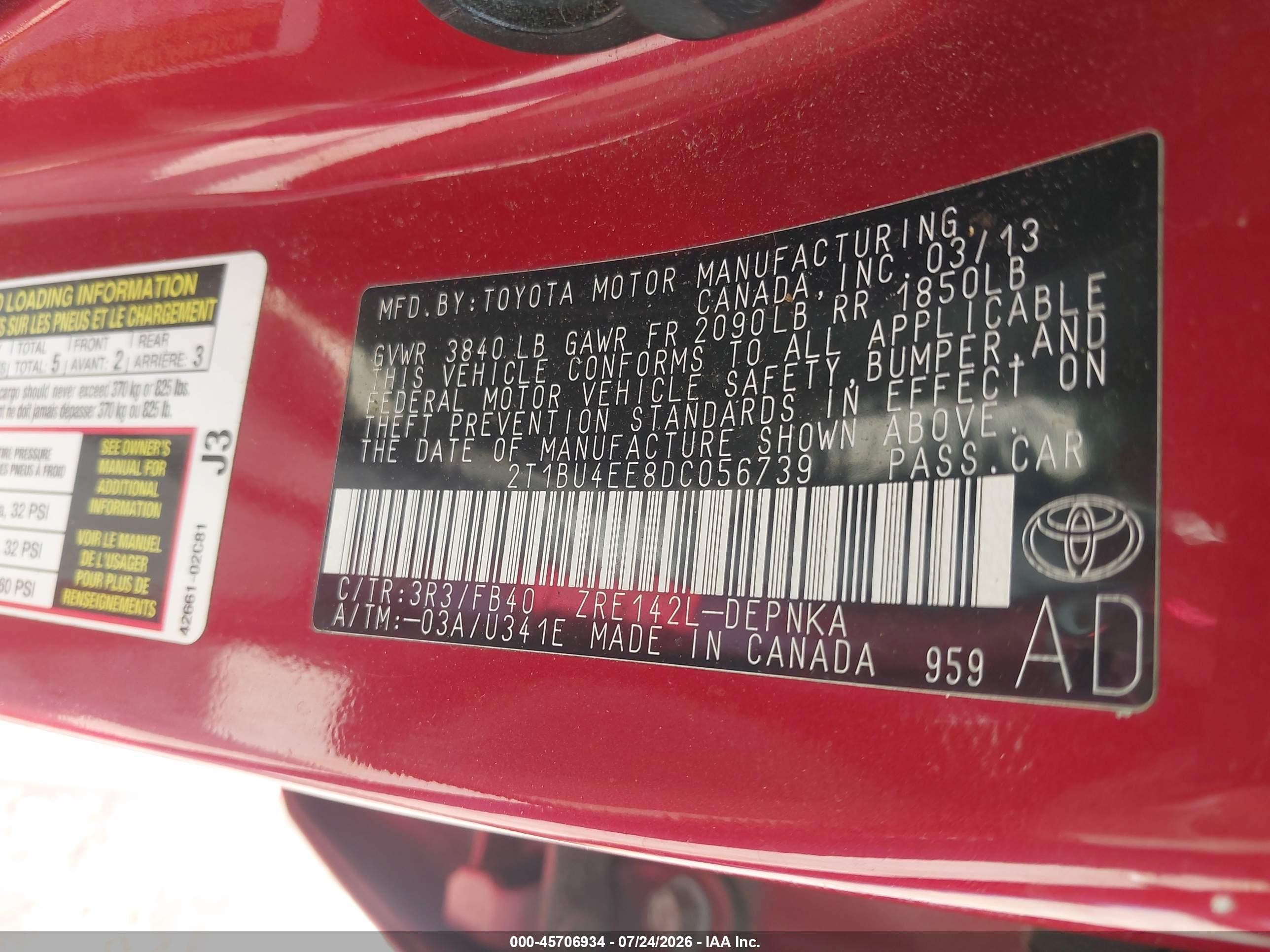 2013 Toyota Corolla Le Red vin: 2T1BU4EE8DC056739