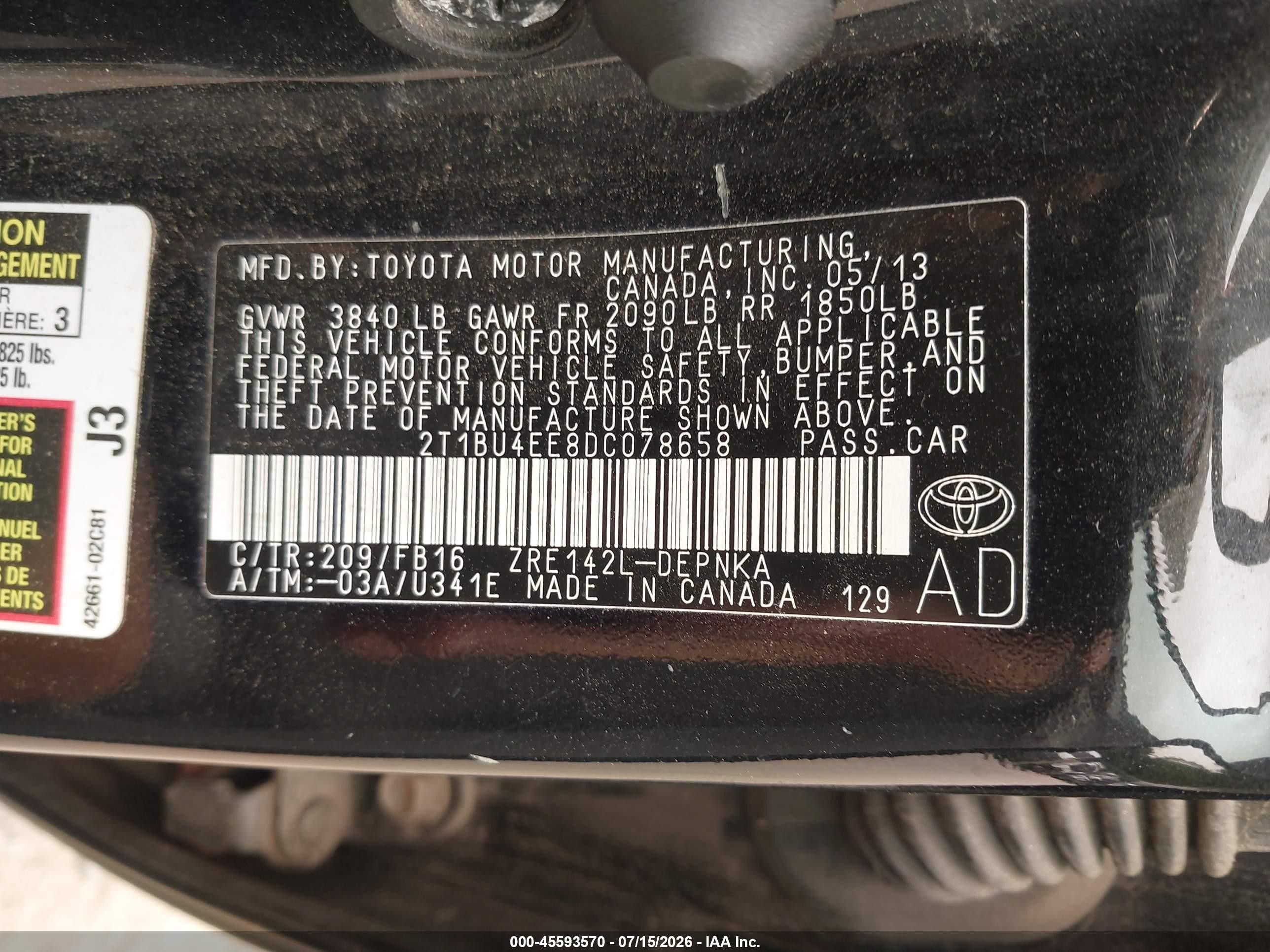 2013 Toyota Corolla Le Black vin: 2T1BU4EE8DC078658