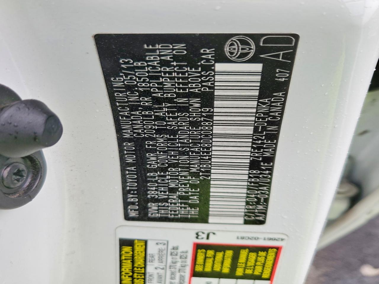 2013 Toyota Corolla Base White vin: 2T1BU4EE8DC088719