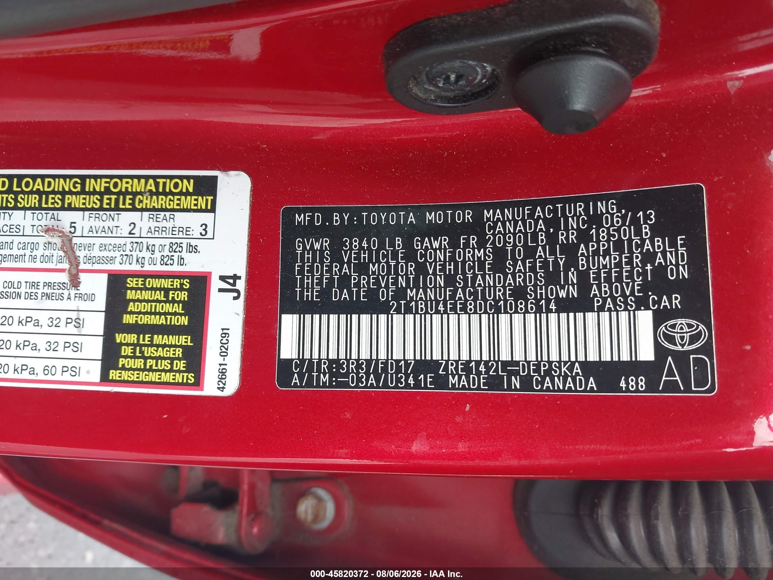 2013 Toyota Corolla S Red vin: 2T1BU4EE8DC108614