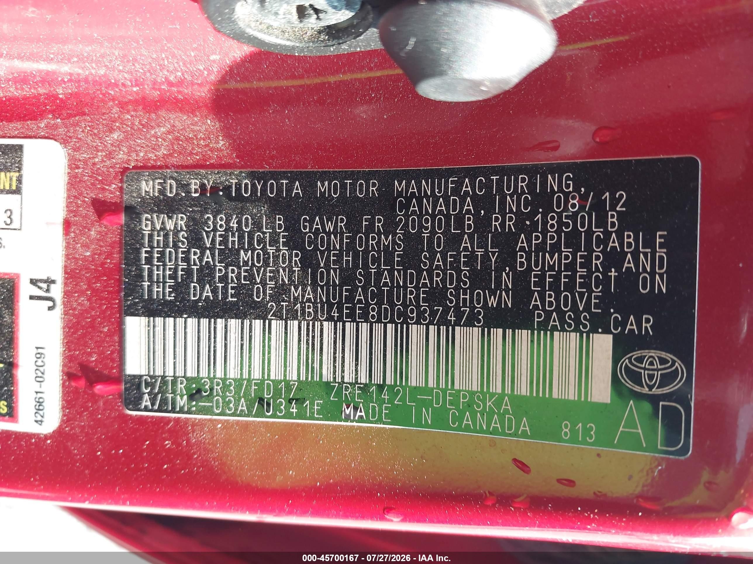 2013 Toyota Corolla S Красный vin: 2T1BU4EE8DC937473