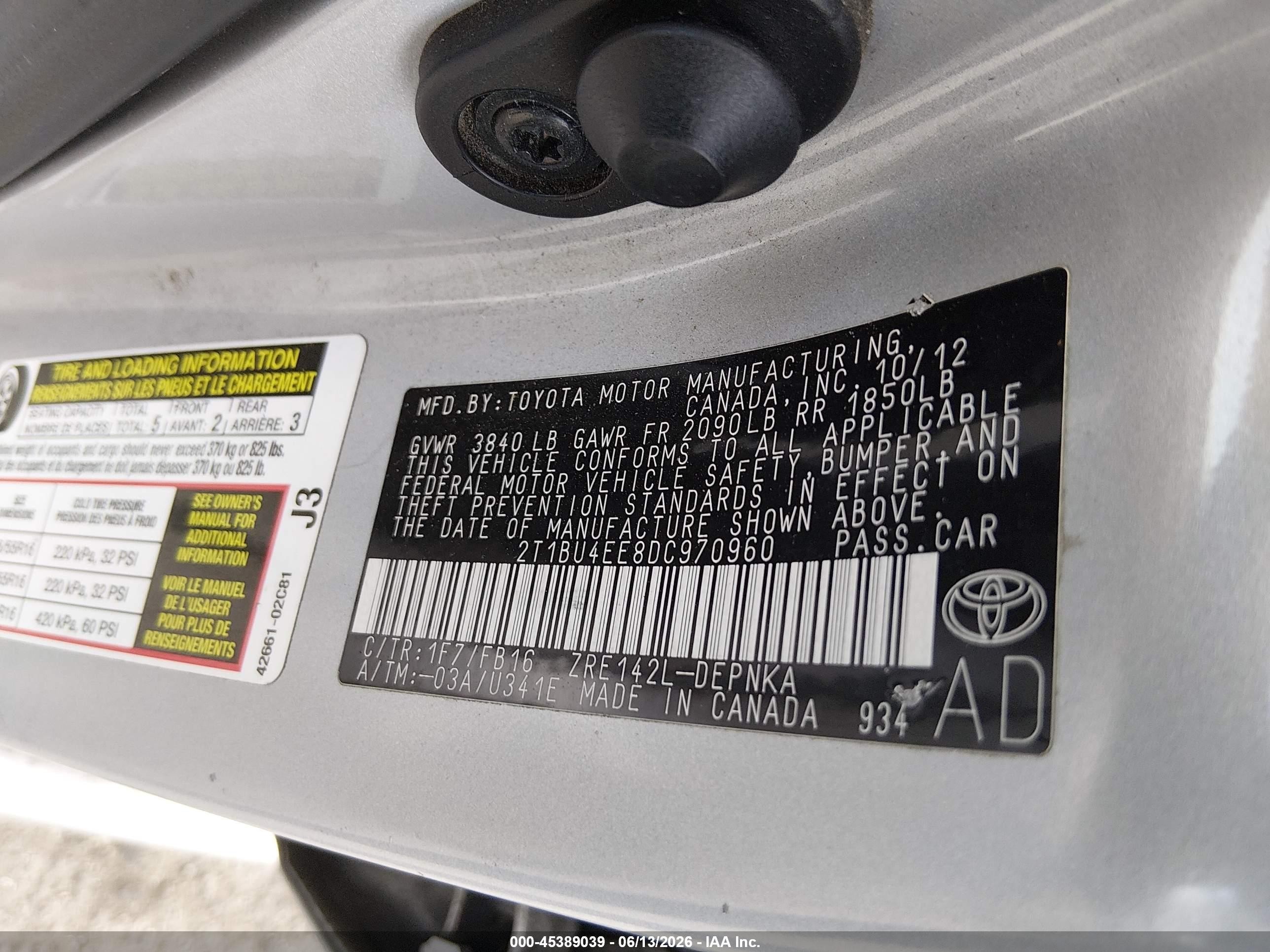 2013 Toyota Corolla Le Silver vin: 2T1BU4EE8DC970960