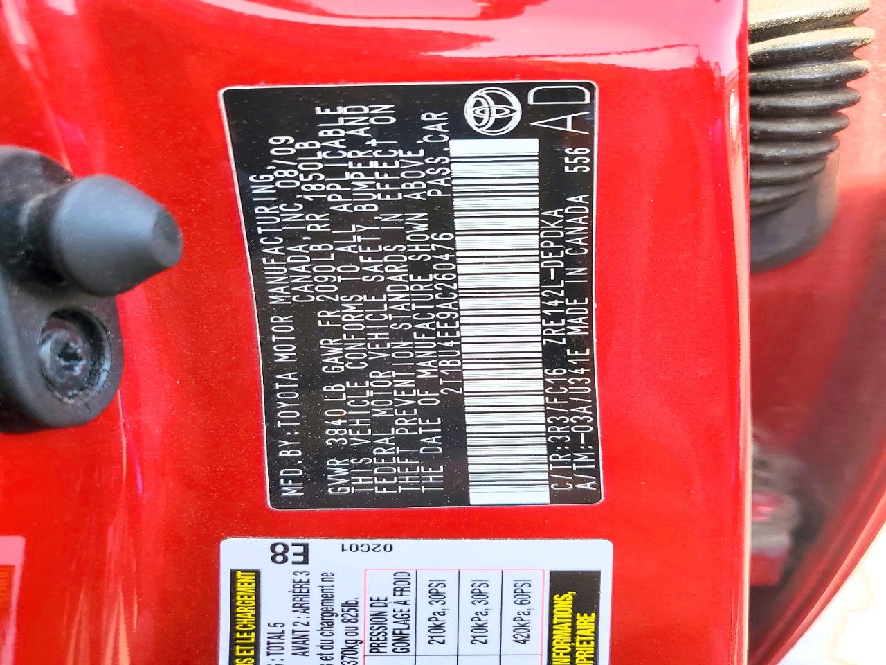 2010 Toyota Corolla Le Red vin: 2T1BU4EE9AC260476