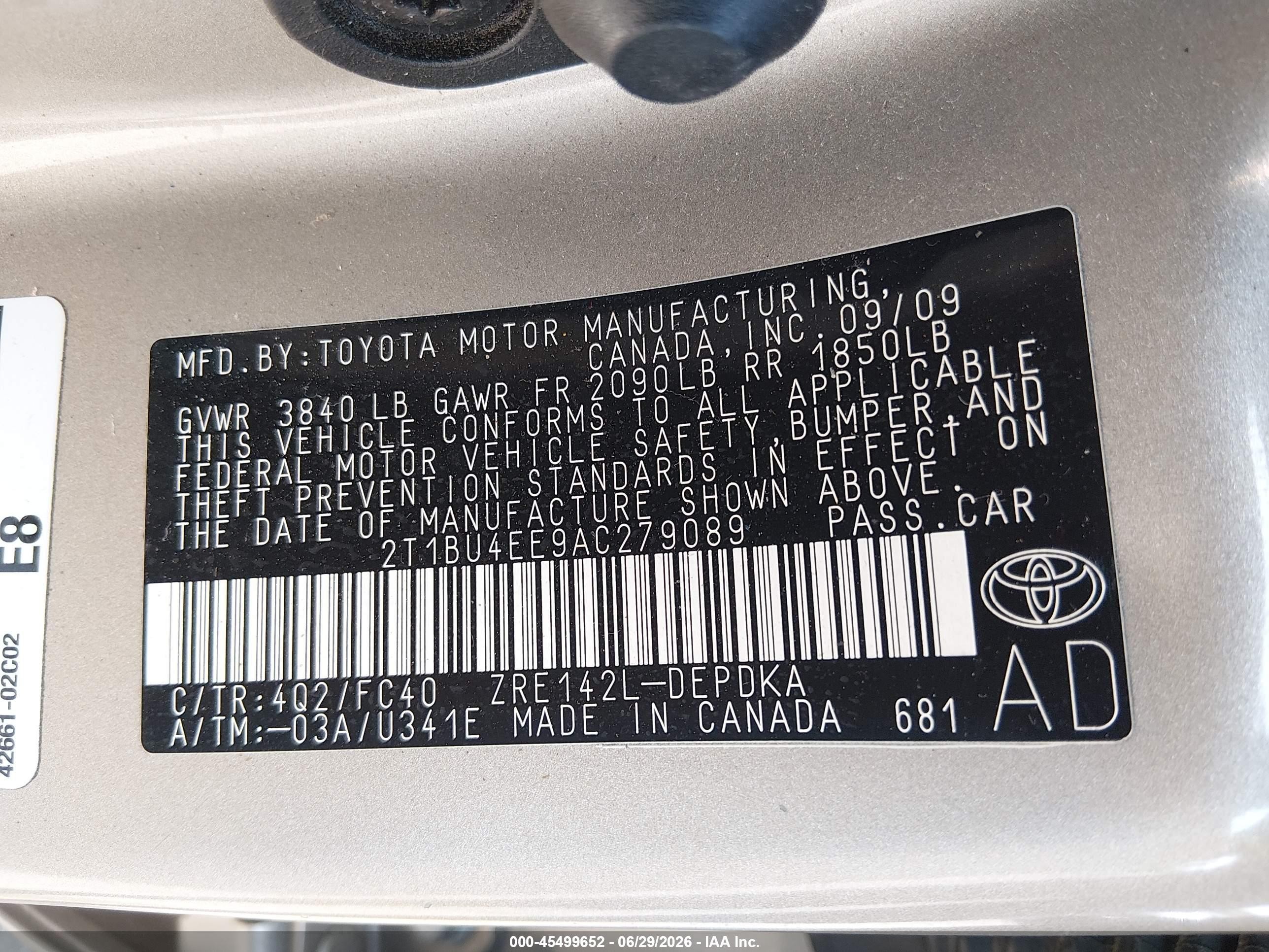 2010 Toyota Corolla Le Tan vin: 2T1BU4EE9AC279089