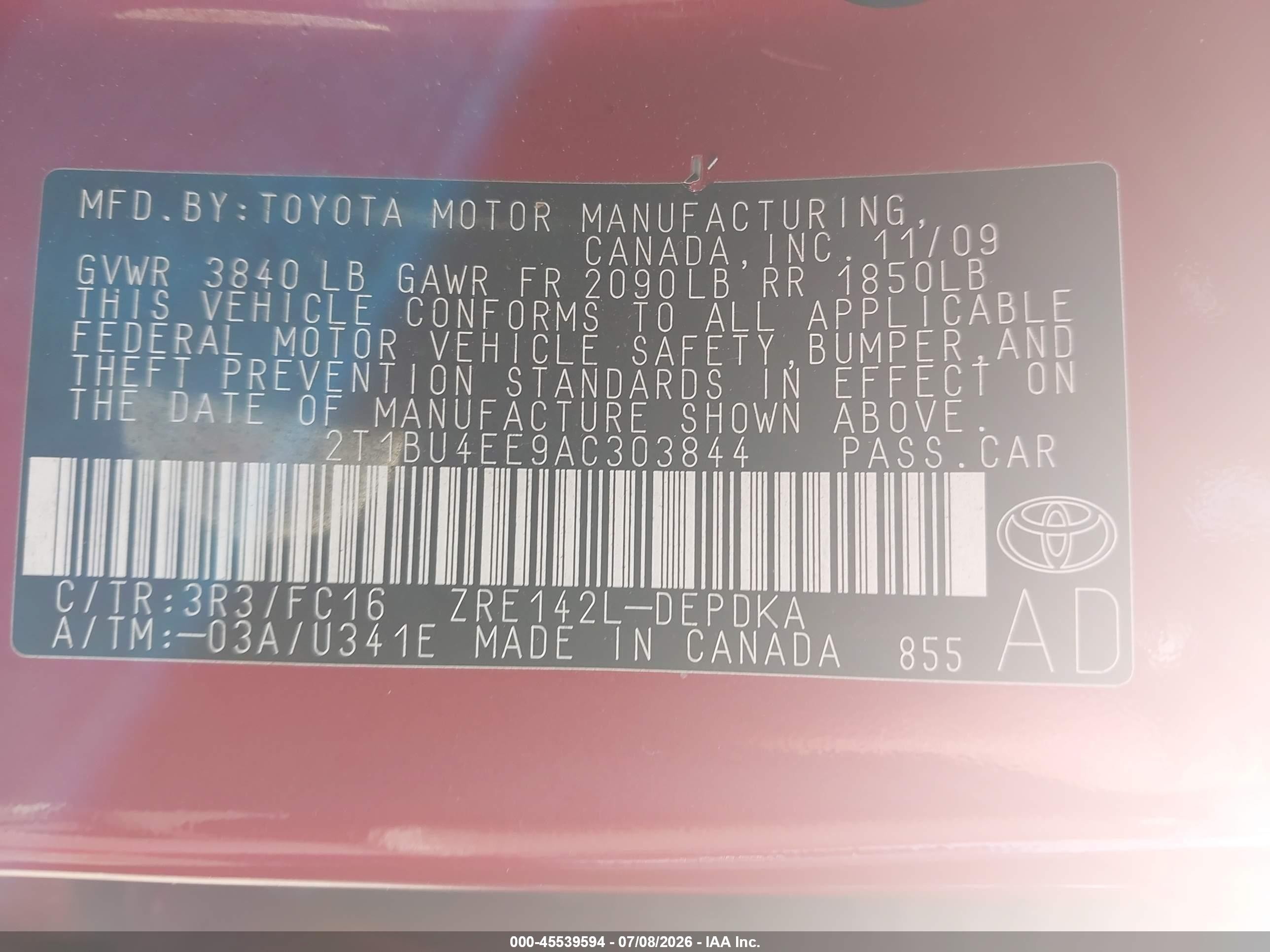 2010 Toyota Corolla Le Red vin: 2T1BU4EE9AC303844