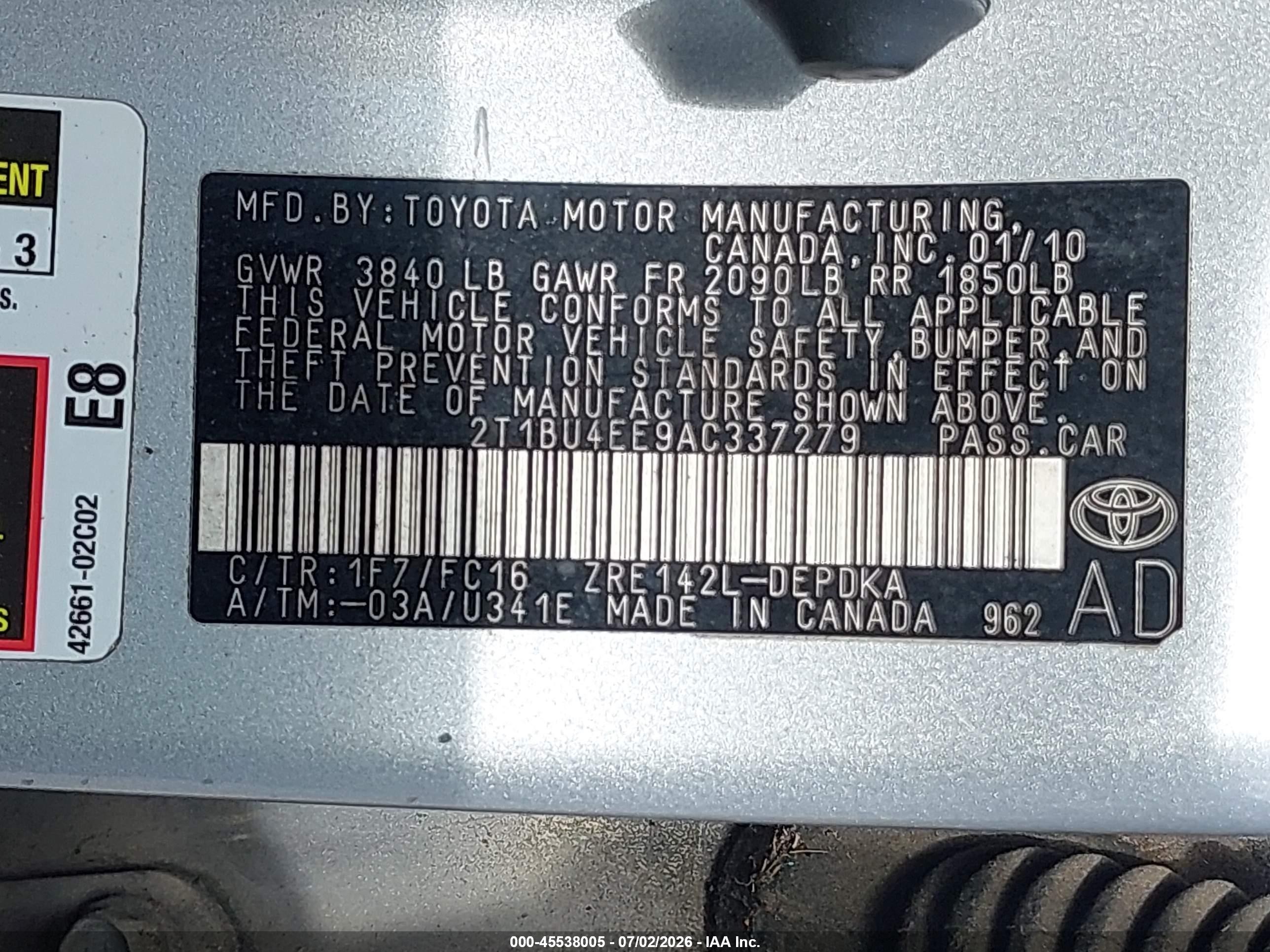 2010 Toyota Corolla Le Silver vin: 2T1BU4EE9AC337279