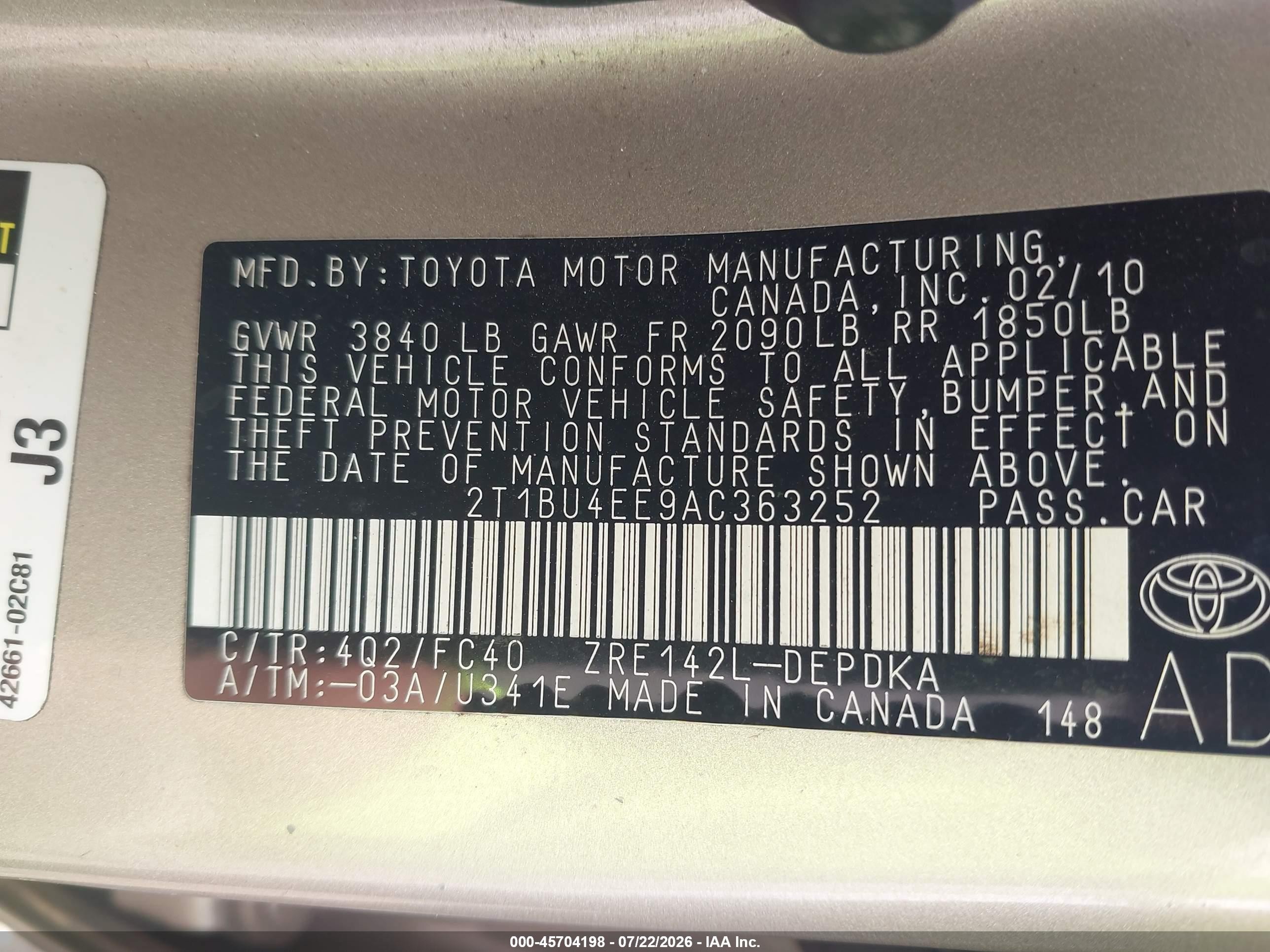 2010 Toyota Corolla Le Tan vin: 2T1BU4EE9AC363252