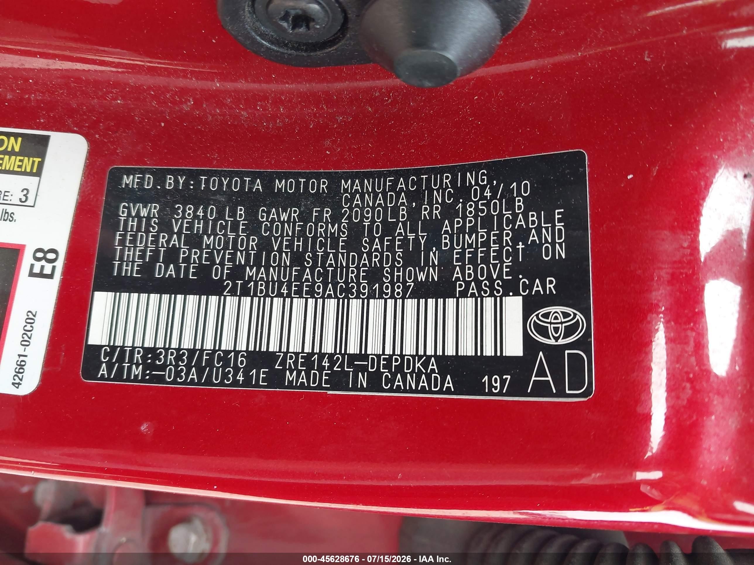 2010 Toyota Corolla Le Red vin: 2T1BU4EE9AC391987
