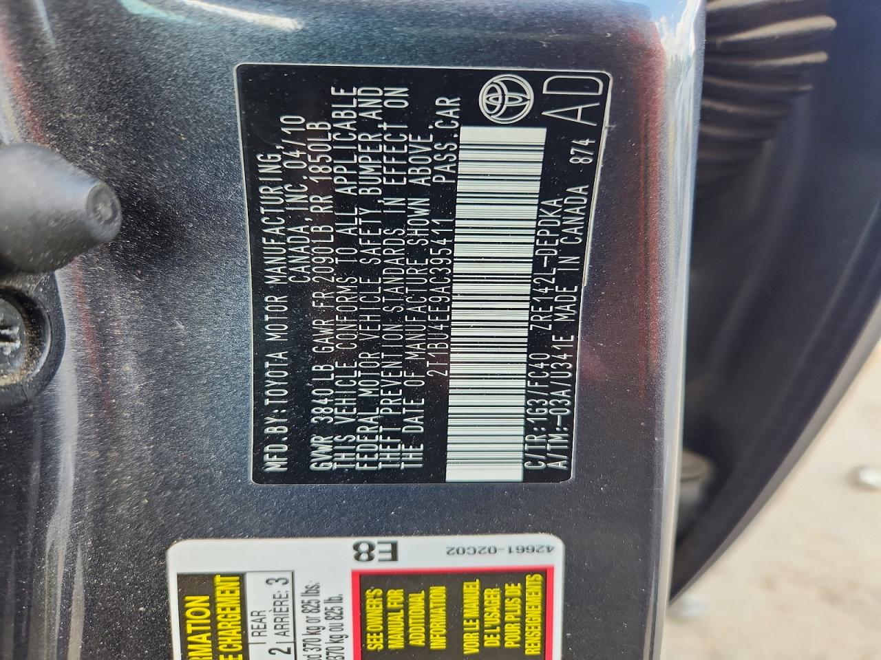 2010 Toyota Corolla Le Charcoal vin: 2T1BU4EE9AC395411