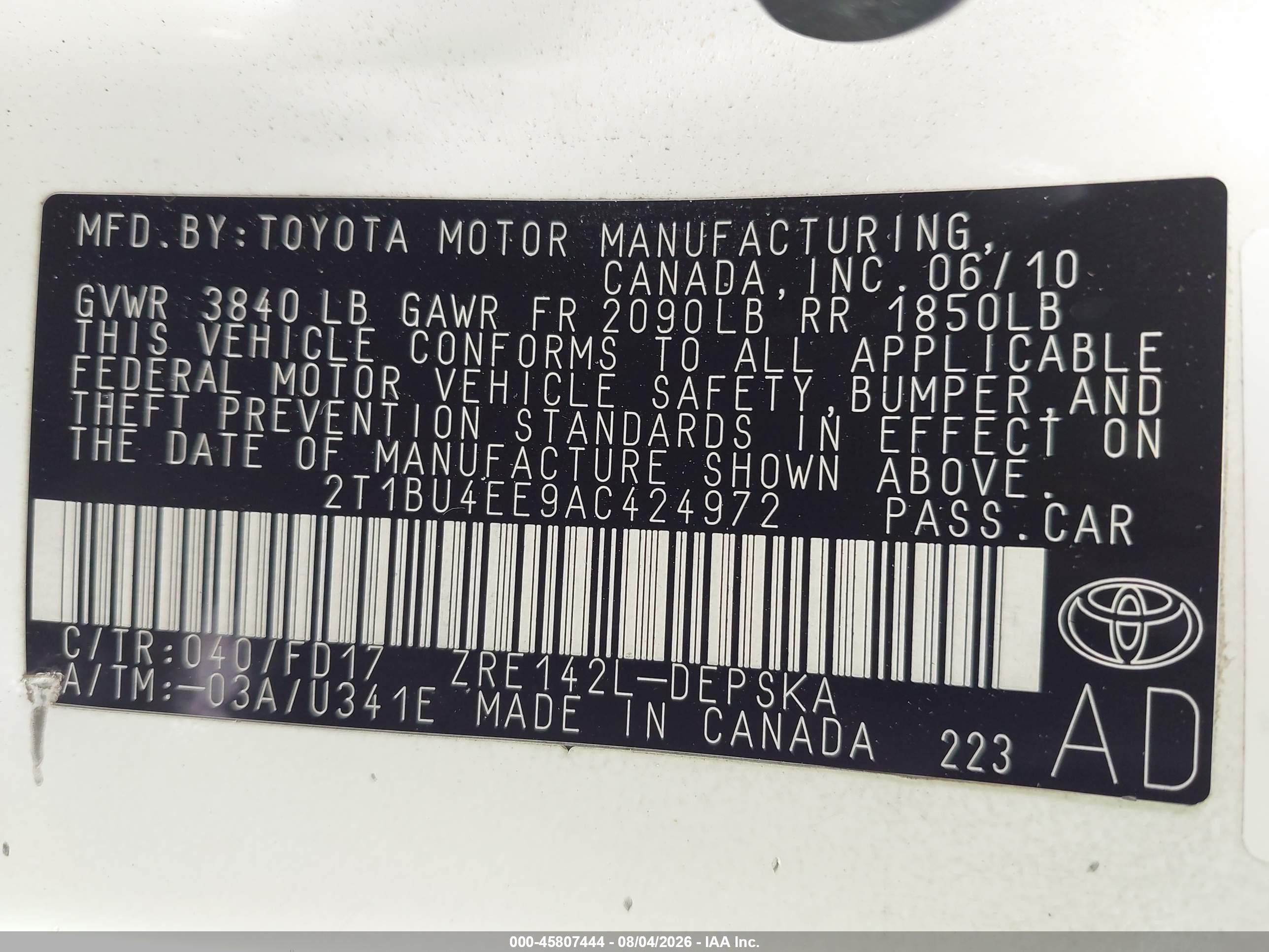 2010 Toyota Corolla S White vin: 2T1BU4EE9AC424972