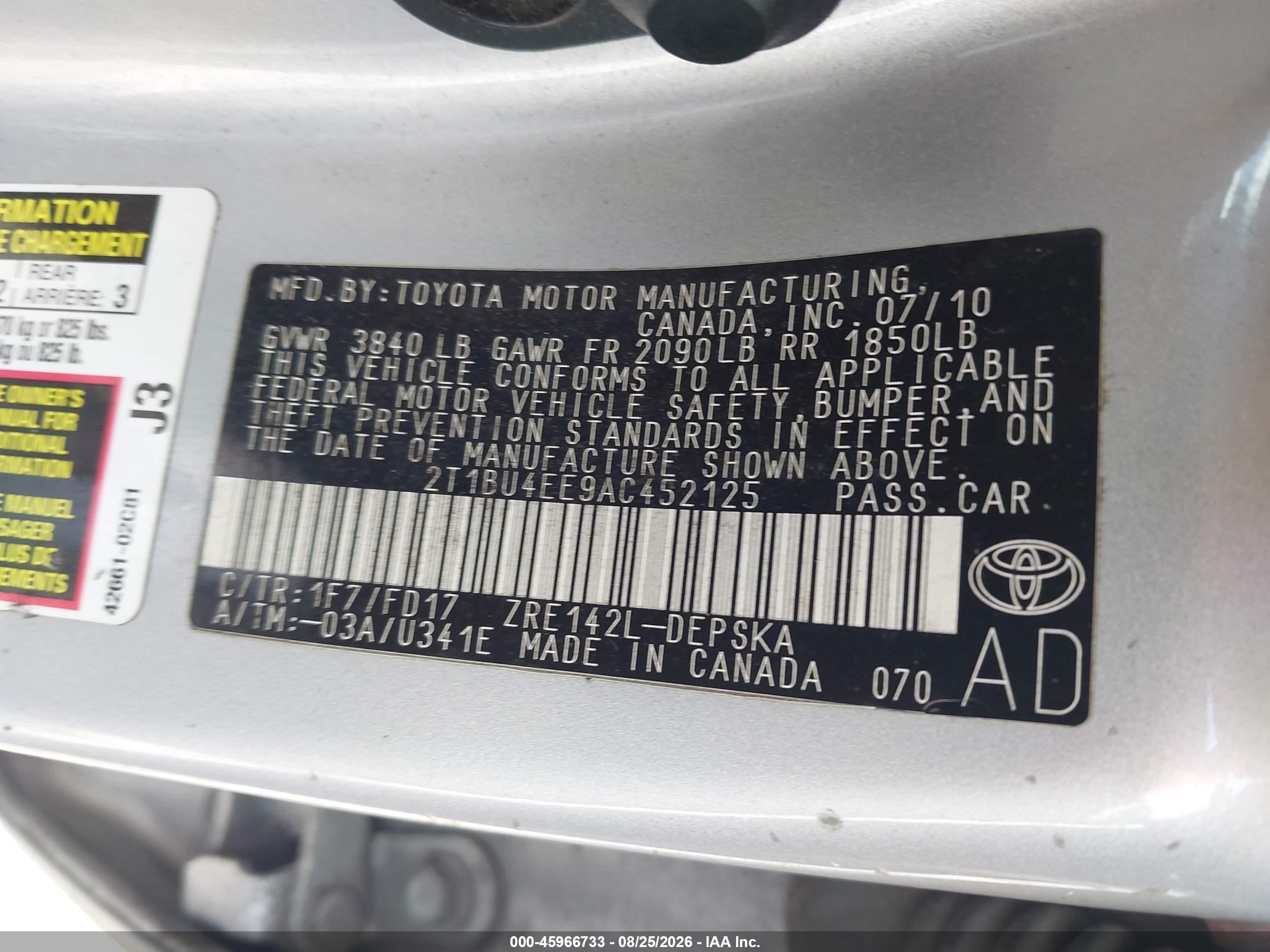 2010 Toyota Corolla S Silver vin: 2T1BU4EE9AC452125