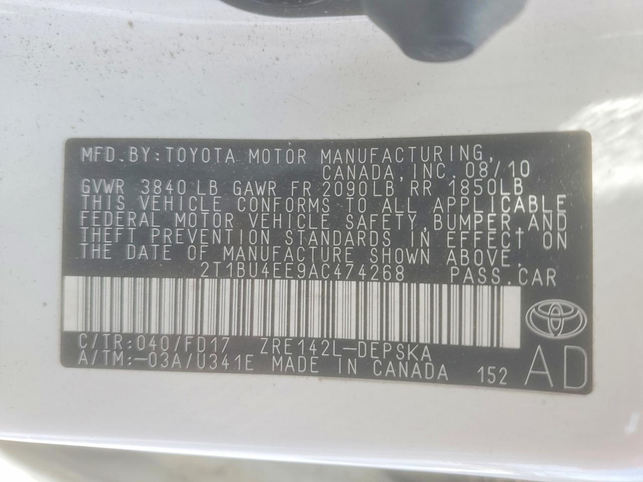 2010 Toyota Corolla Base White vin: 2T1BU4EE9AC474268