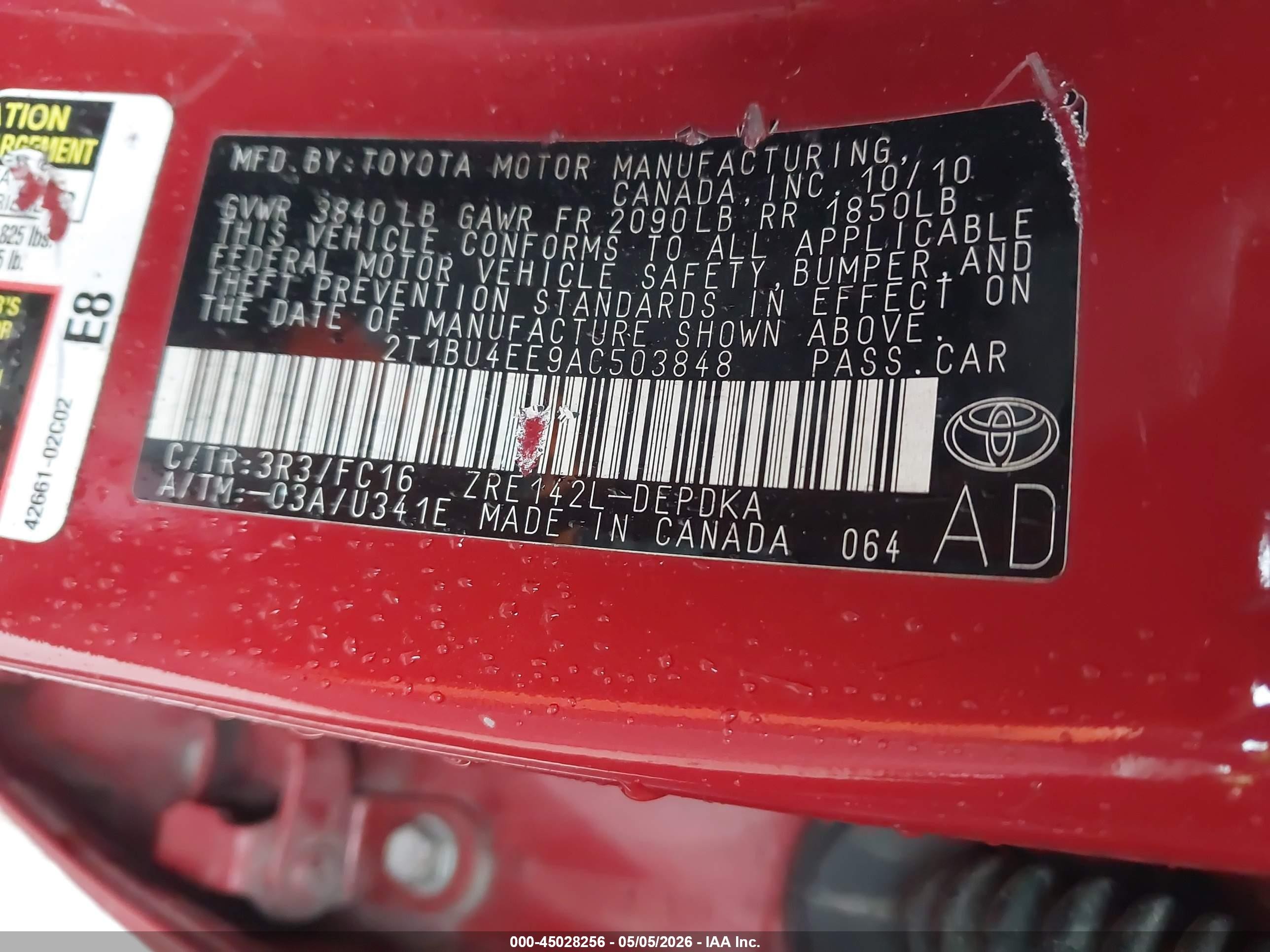 2010 Toyota Corolla Le Red vin: 2T1BU4EE9AC503848