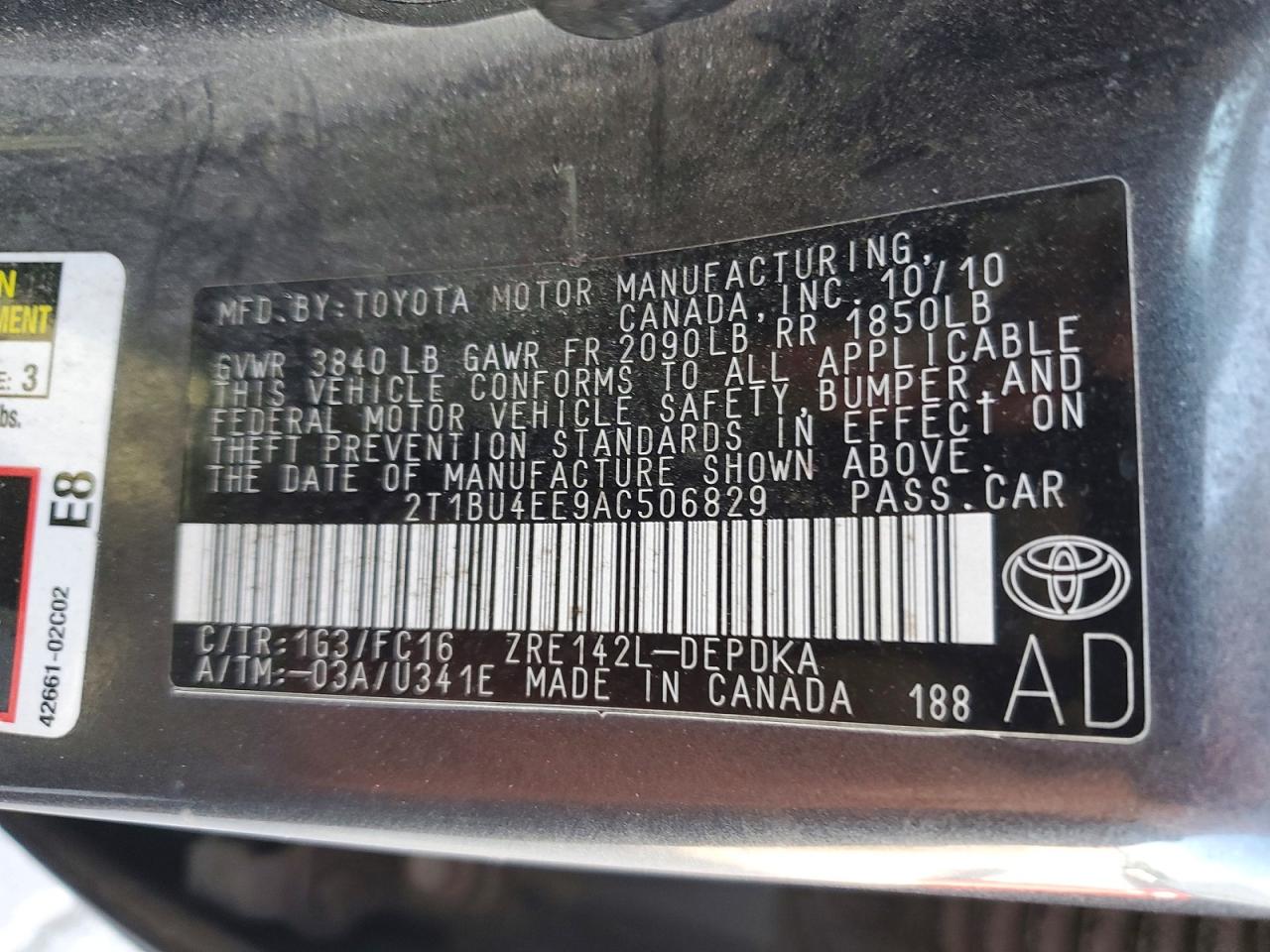 2010 Toyota Corolla Le Charcoal vin: 2T1BU4EE9AC506829