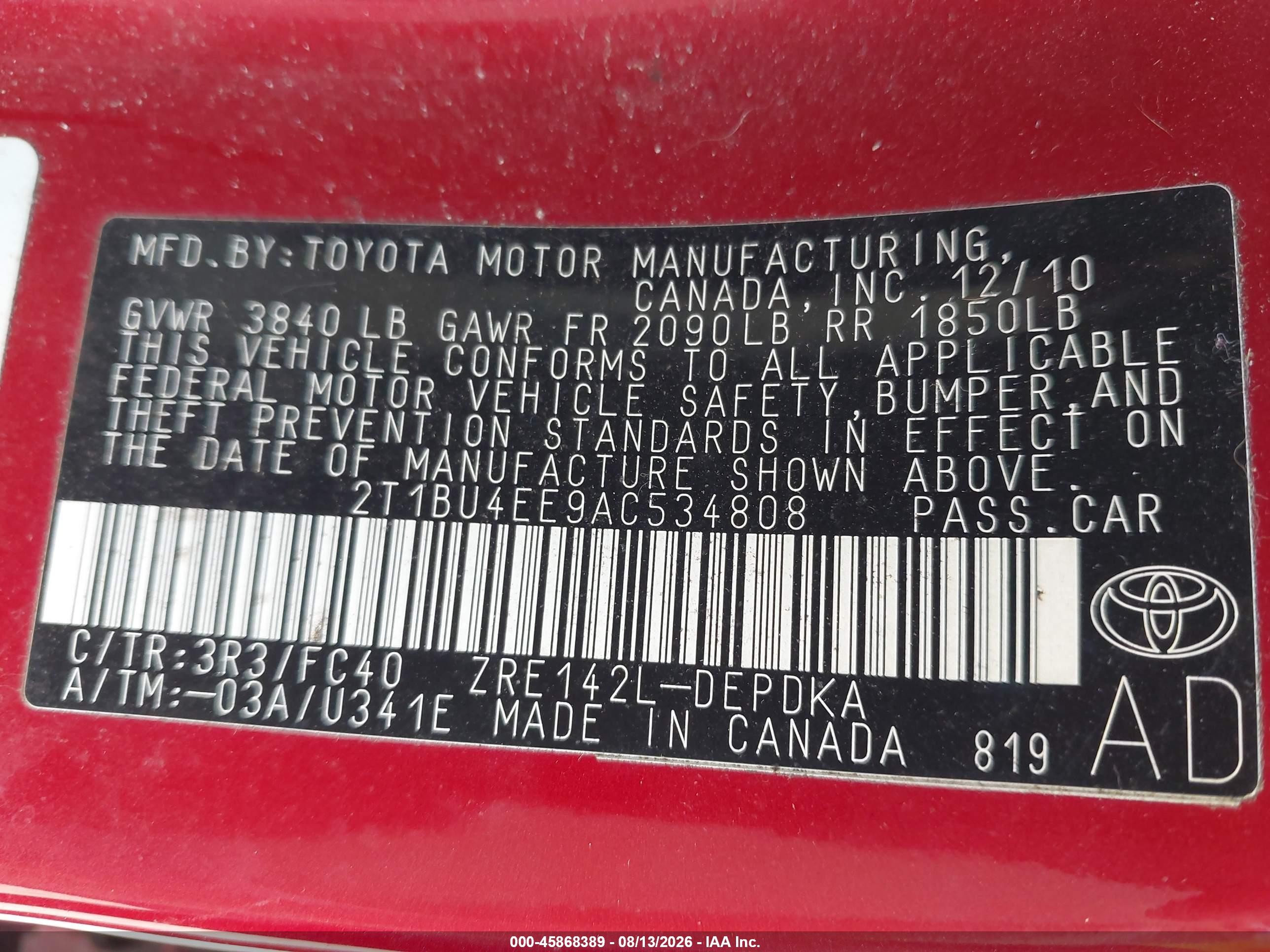 2010 Toyota Corolla Le Красный vin: 2T1BU4EE9AC534808
