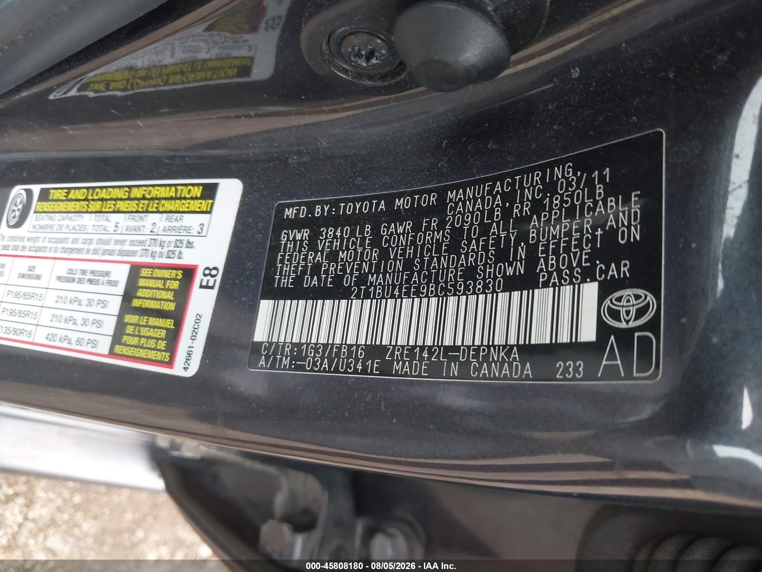 2011 Toyota Corolla Le Gray vin: 2T1BU4EE9BC593830