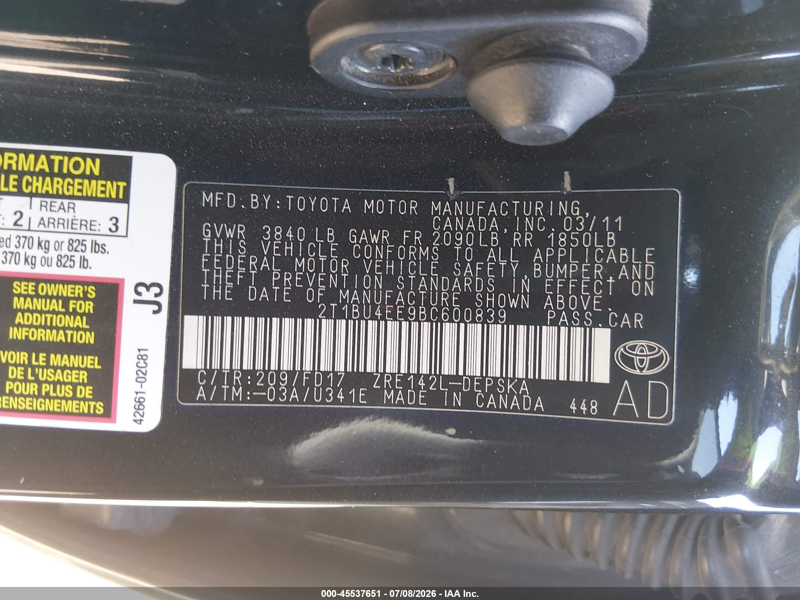 2011 Toyota Corolla S Black vin: 2T1BU4EE9BC600839
