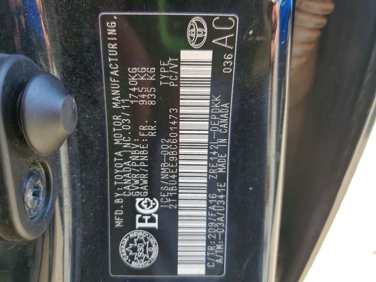 2011 Toyota Corolla Base Black vin: 2T1BU4EE9BC601473