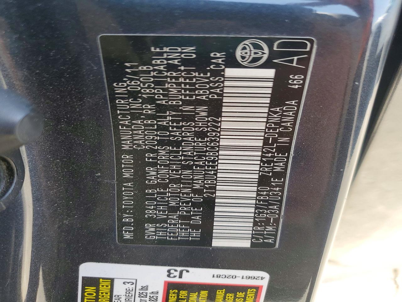 2011 Toyota Corolla Le Charcoal vin: 2T1BU4EE9BC639222