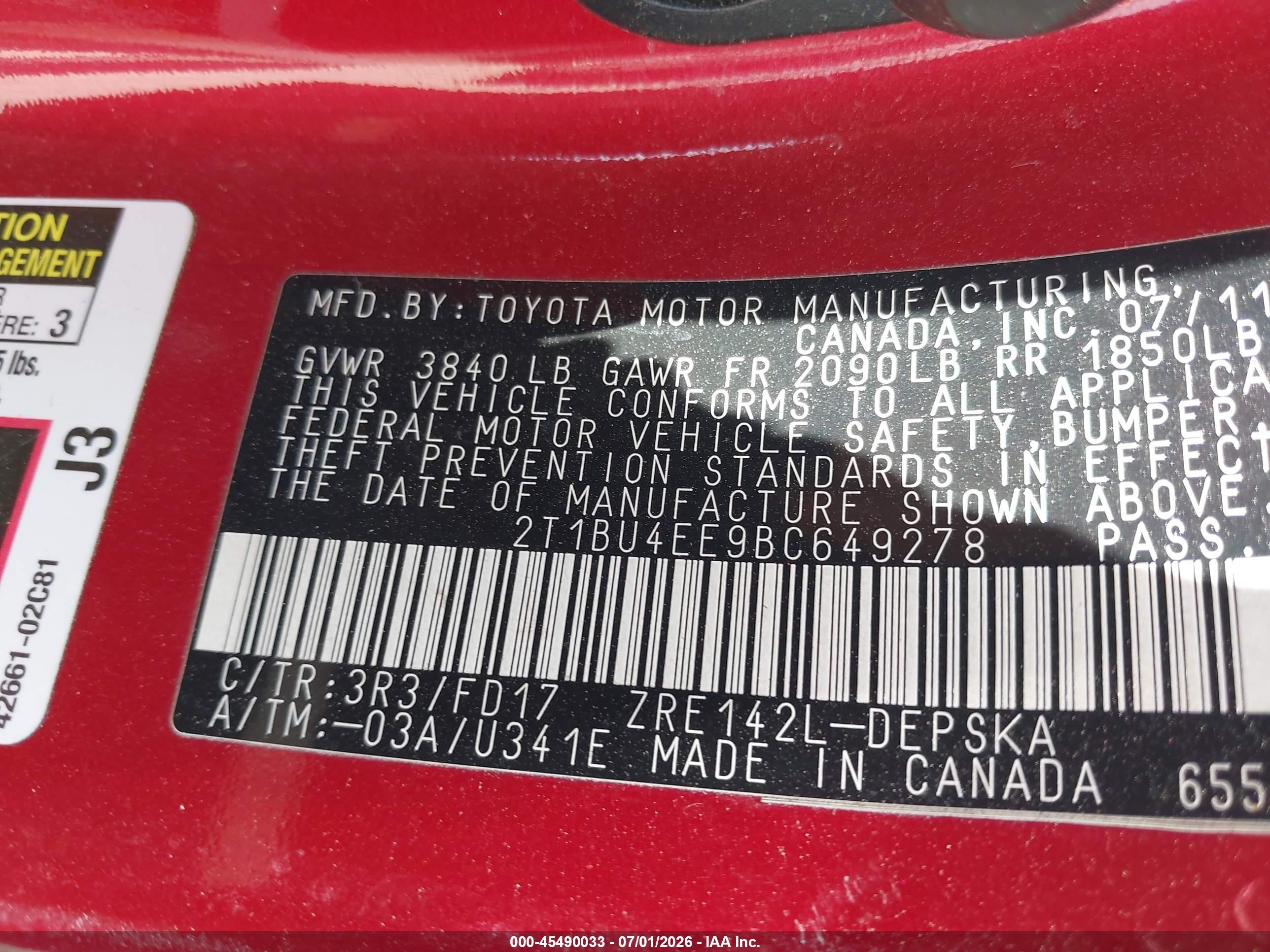 2011 Toyota Corolla S Красный vin: 2T1BU4EE9BC649278
