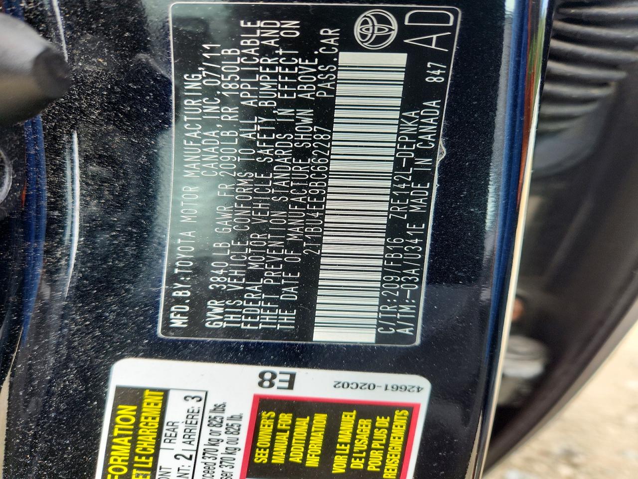 2011 Toyota Corolla Le Black vin: 2T1BU4EE9BC662287