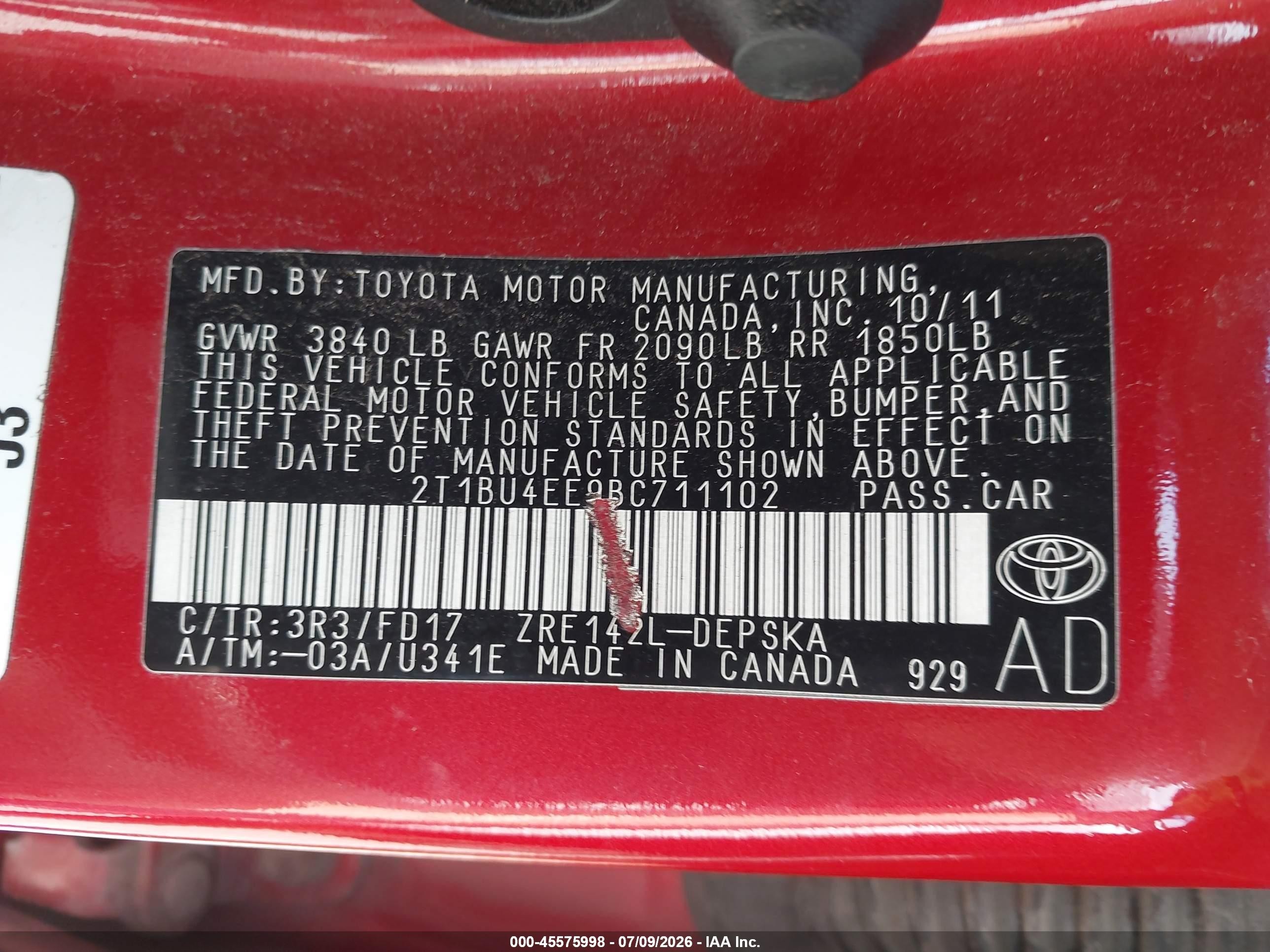 2011 Toyota Corolla S Red vin: 2T1BU4EE9BC711102