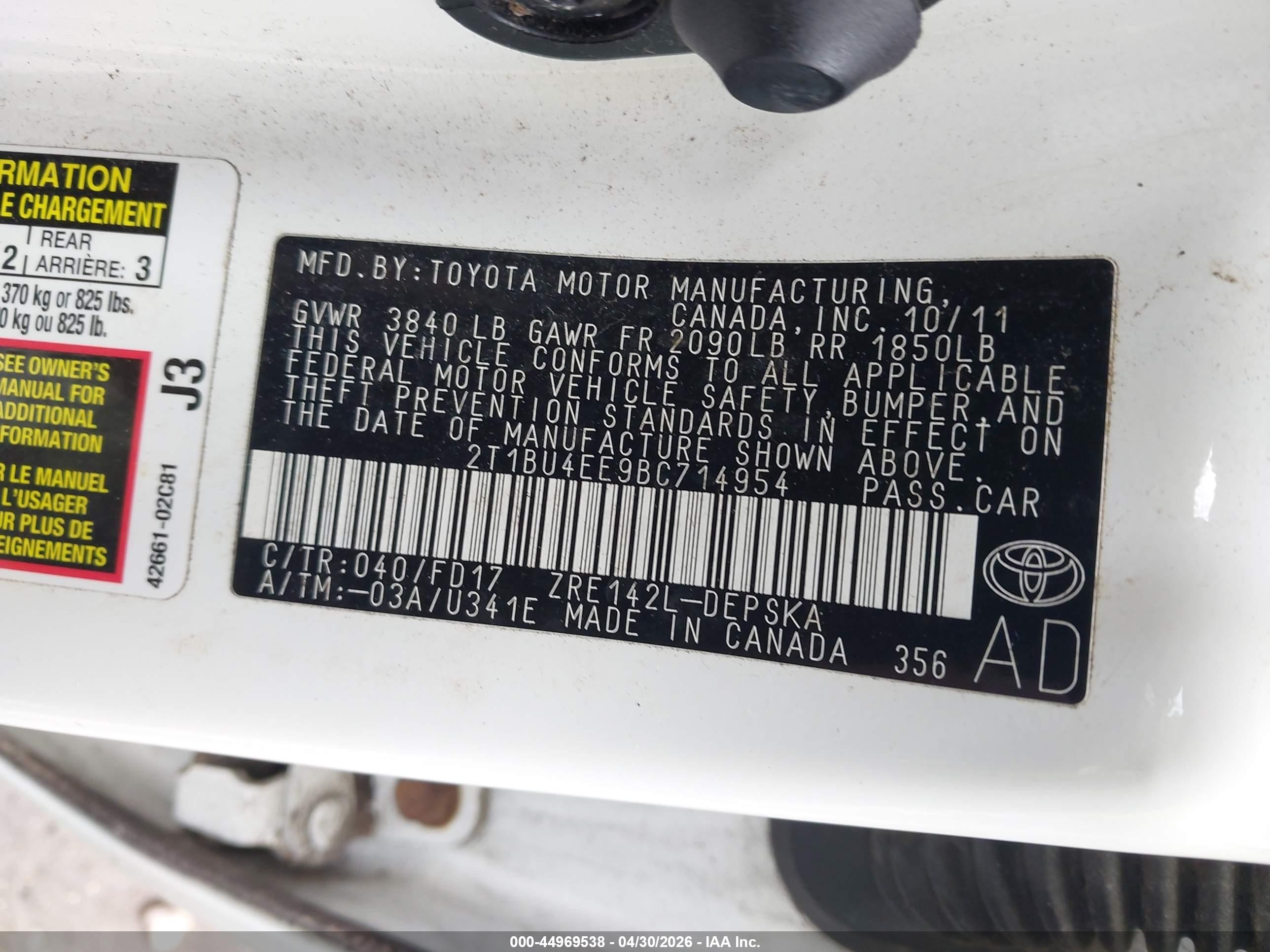 2011 Toyota Corolla S White vin: 2T1BU4EE9BC714954