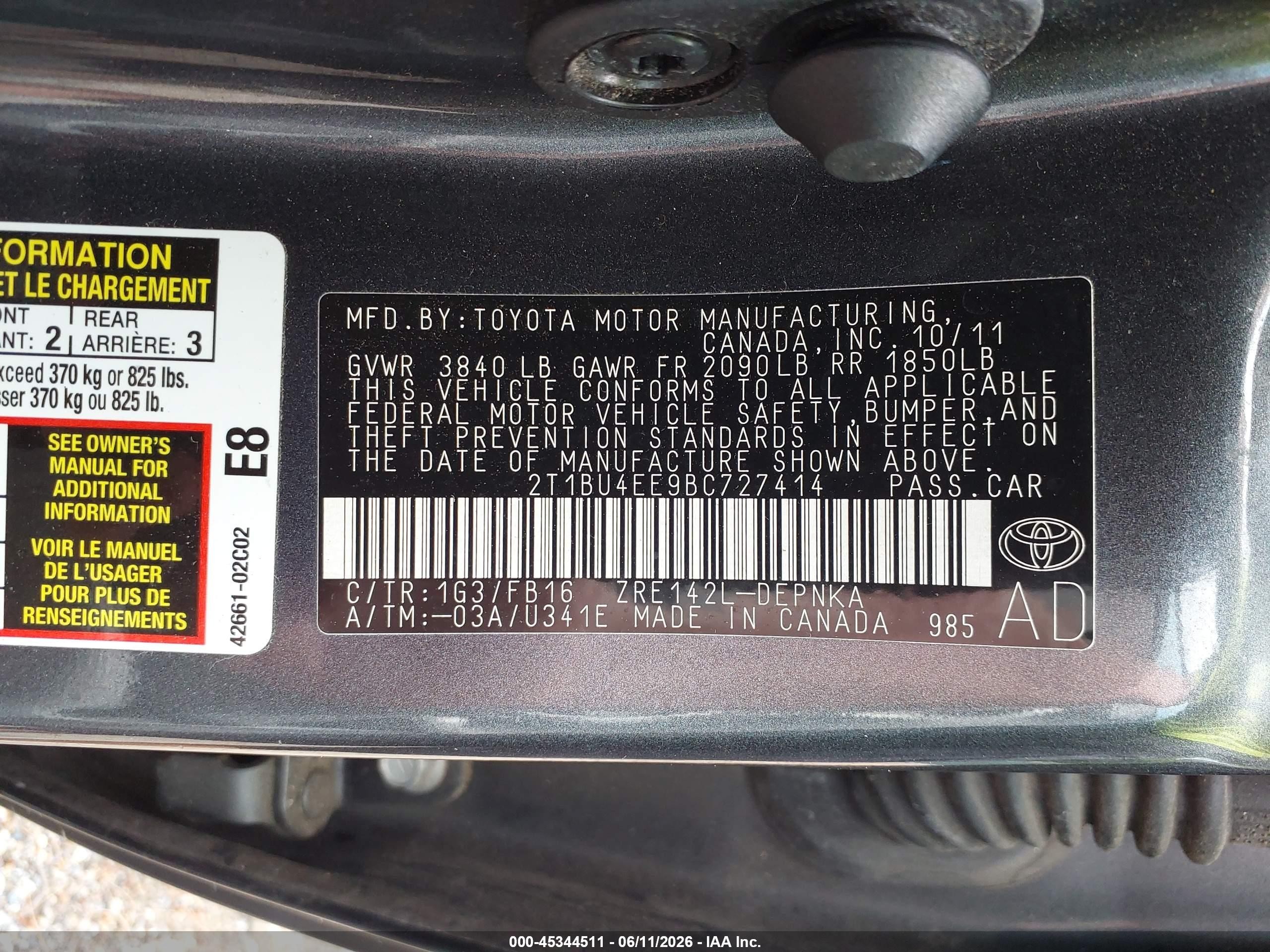 2011 Toyota Corolla Le Gray vin: 2T1BU4EE9BC727414