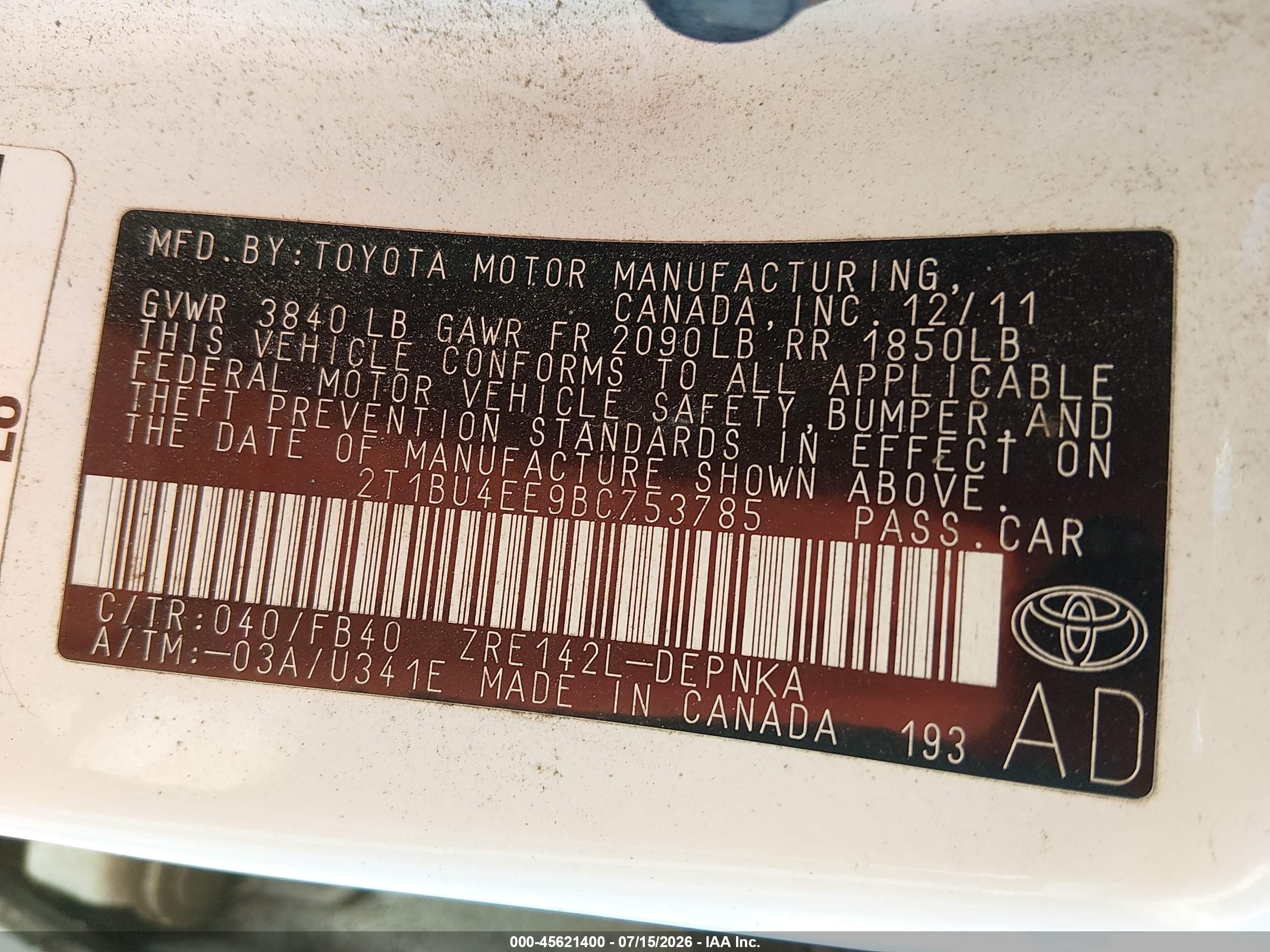 2011 Toyota Corolla Le White vin: 2T1BU4EE9BC753785