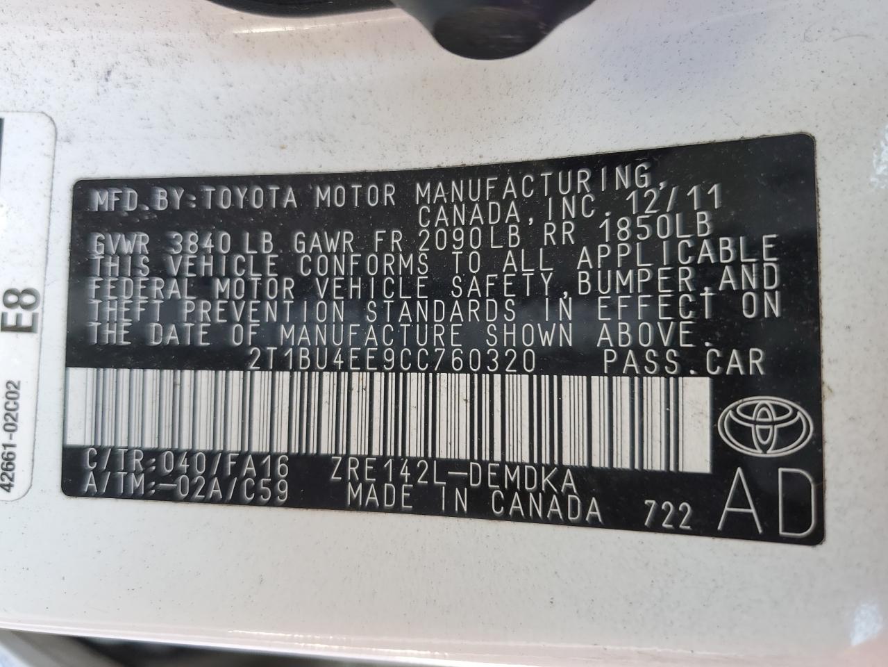 2012 Toyota Corolla Base White vin: 2T1BU4EE9CC760320