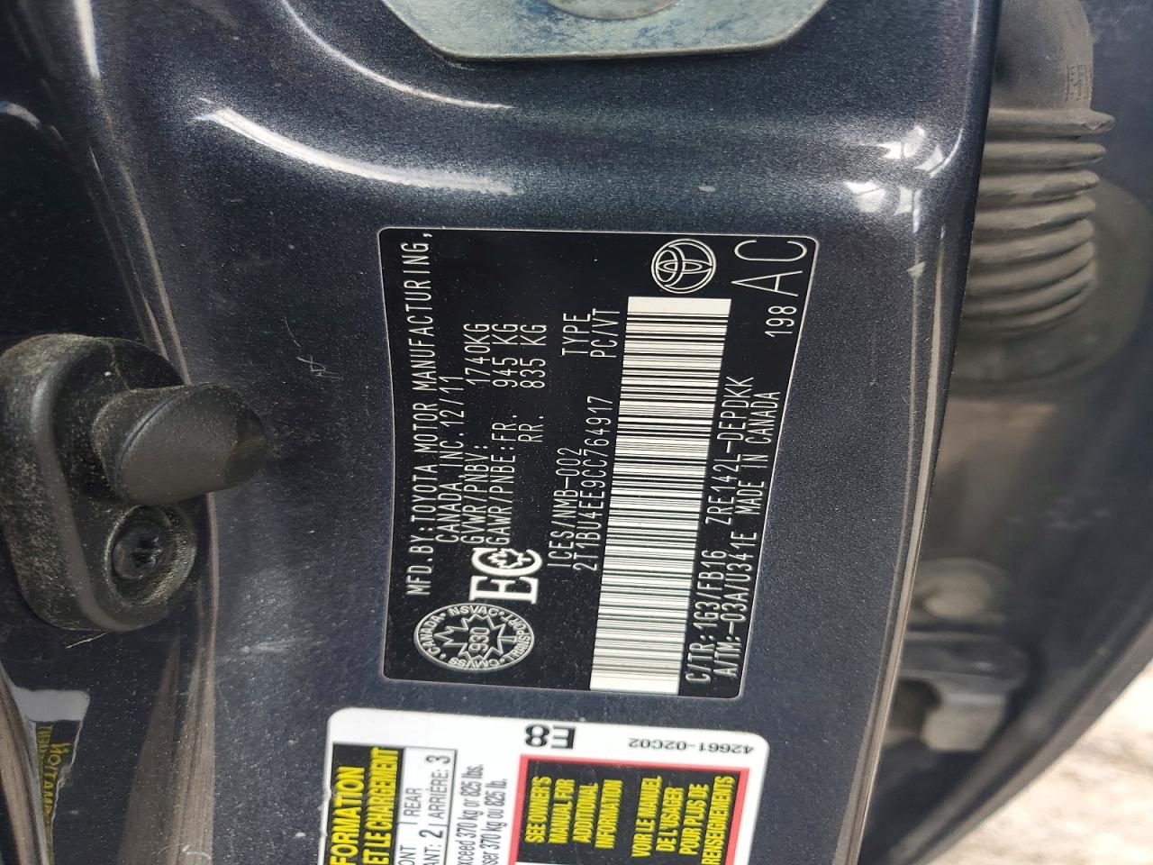 2012 Toyota Corolla L Charcoal vin: 2T1BU4EE9CC764917
