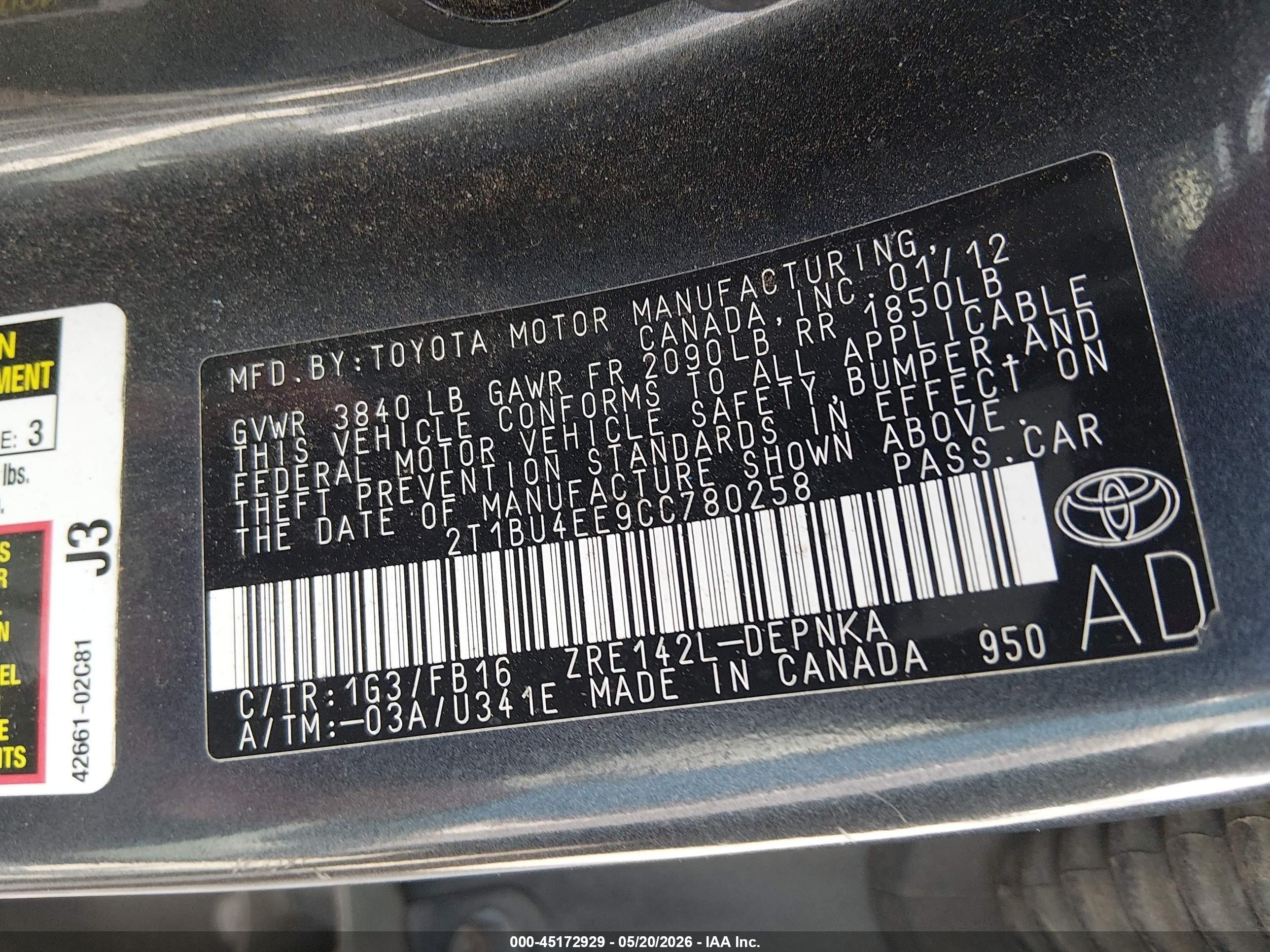 2012 Toyota Corolla Le Gray vin: 2T1BU4EE9CC780258
