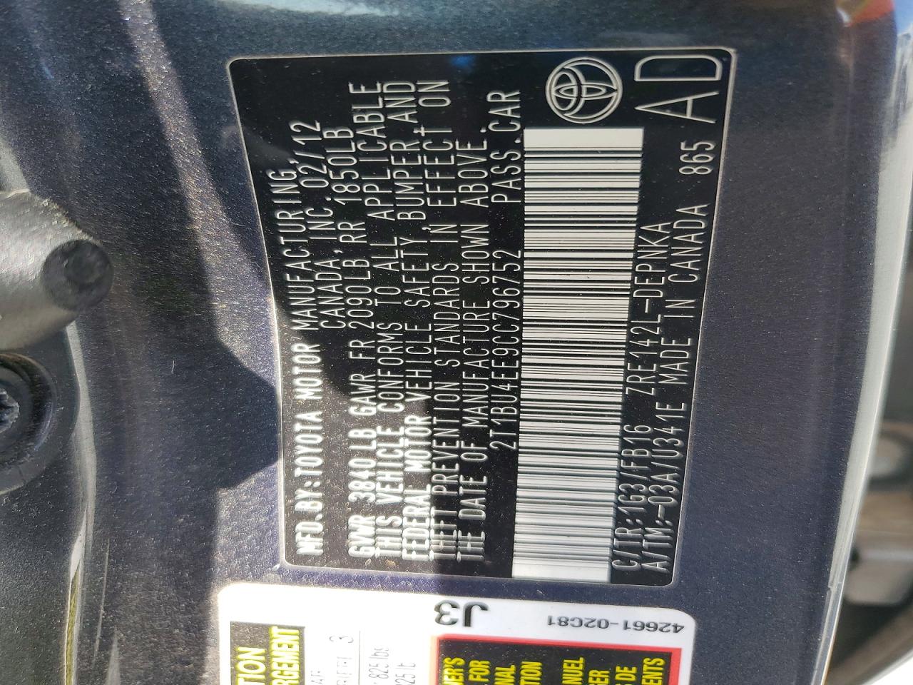 2012 Toyota Corolla Le Gray vin: 2T1BU4EE9CC796752