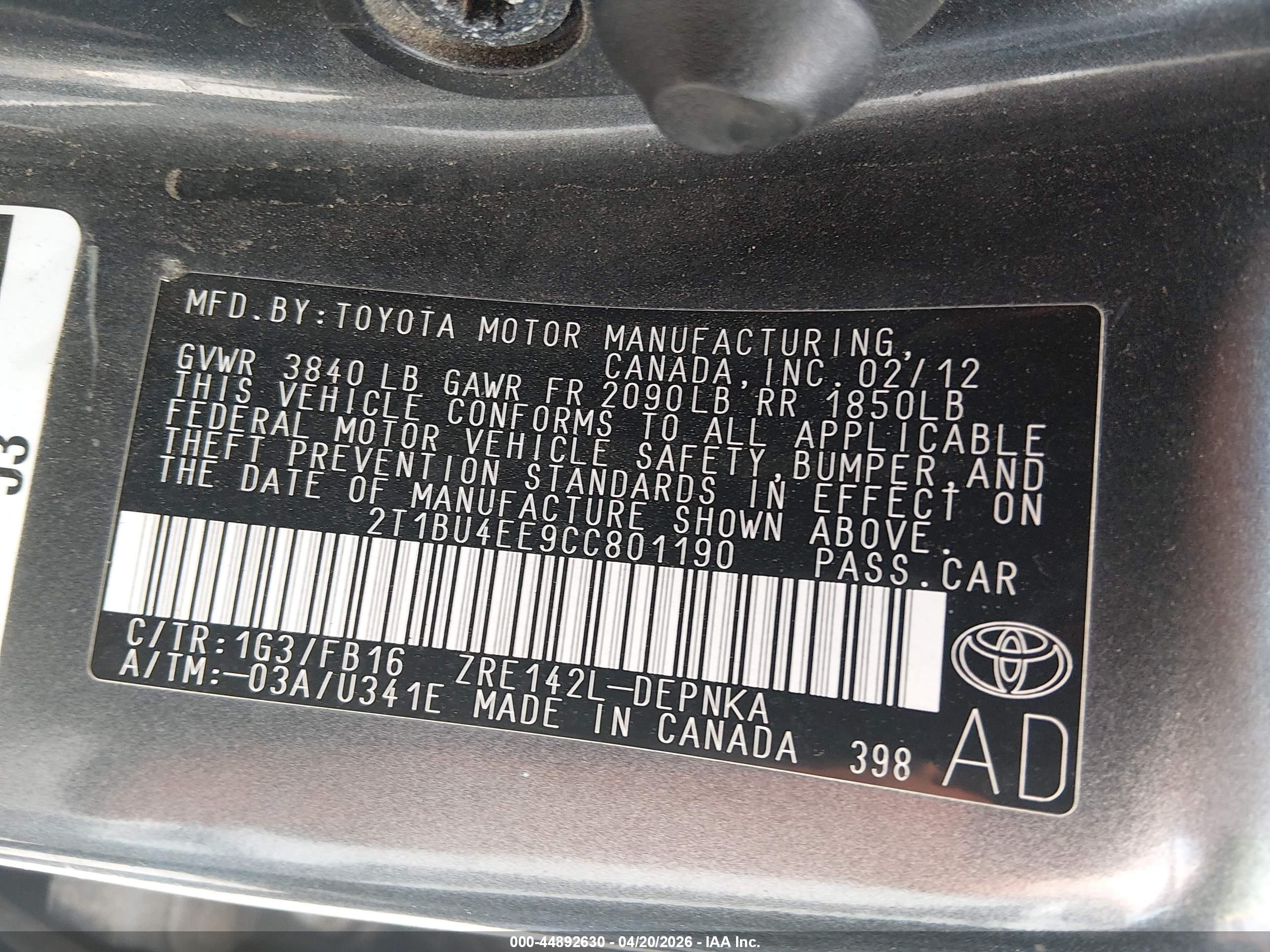 2012 Toyota Corolla Le Black vin: 2T1BU4EE9CC801190