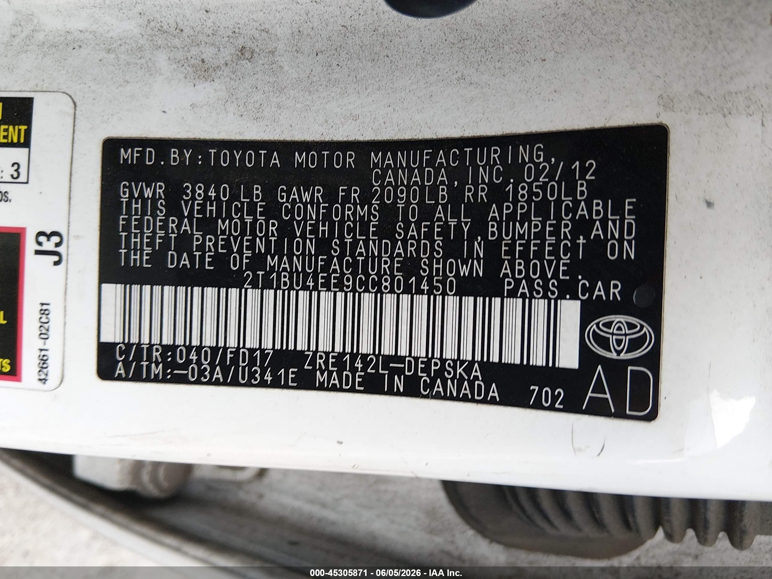 2012 Toyota Corolla S White vin: 2T1BU4EE9CC801450
