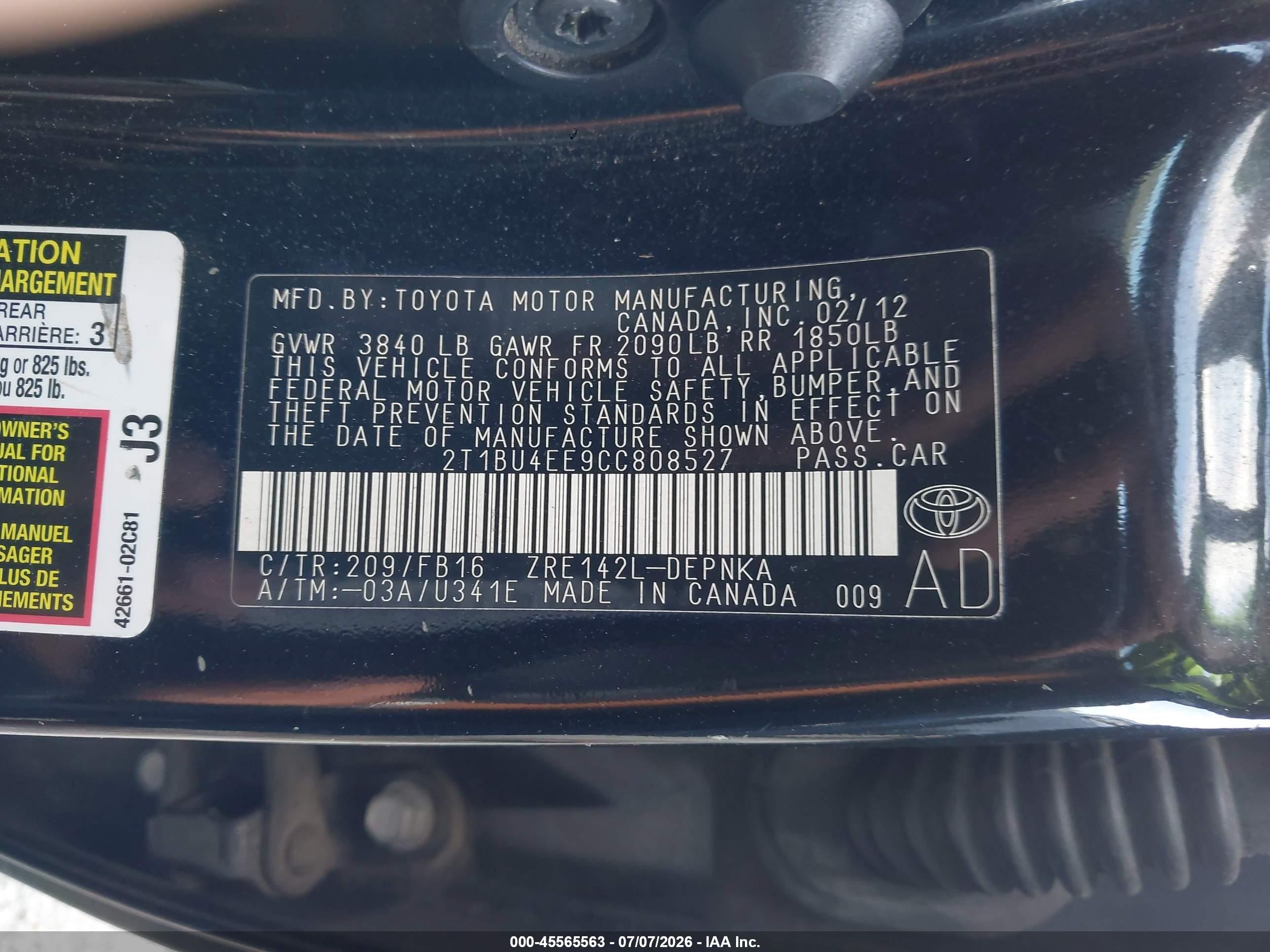 2012 Toyota Corolla Le Black vin: 2T1BU4EE9CC808527