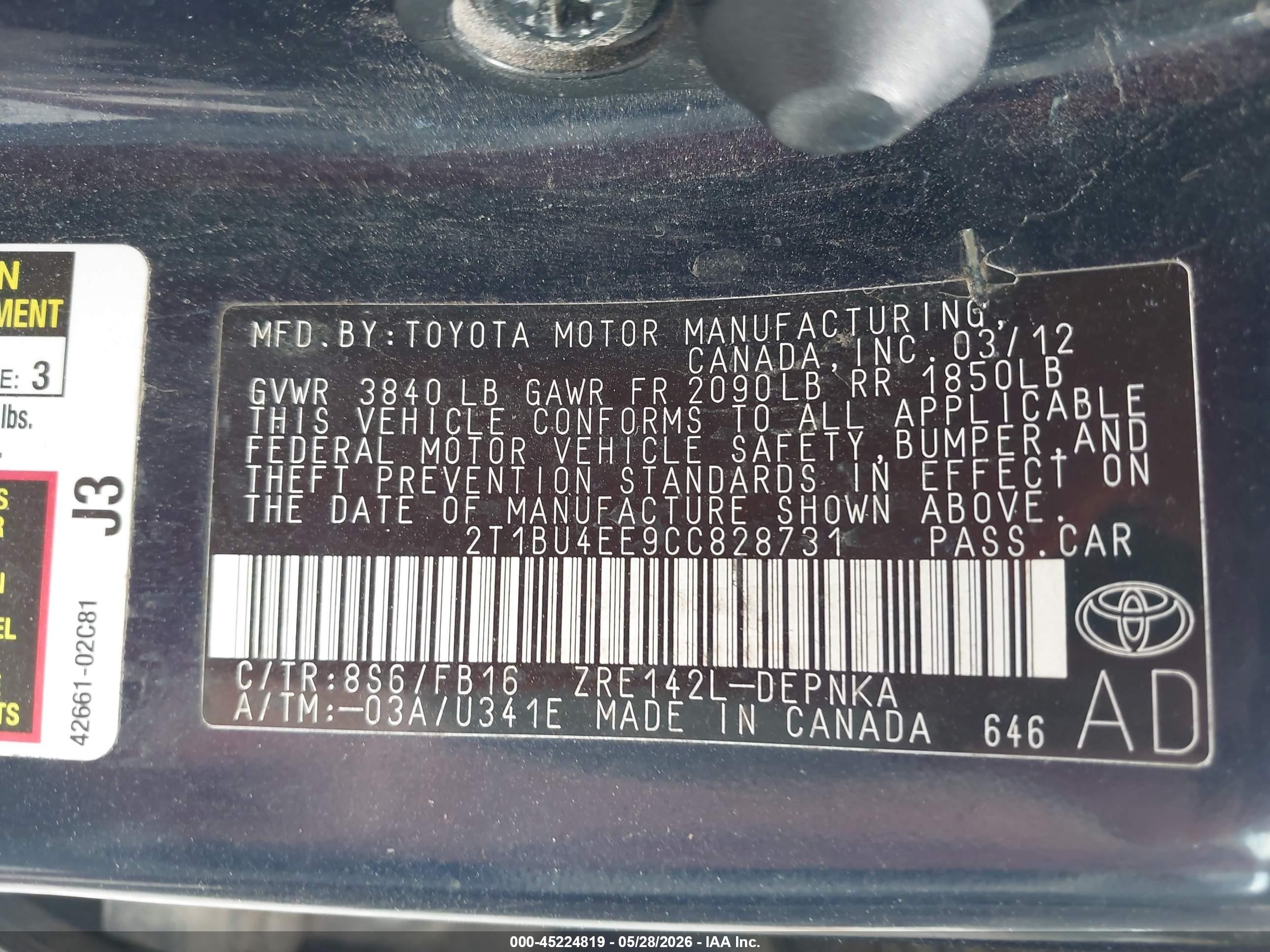 2012 Toyota Corolla Le Blue vin: 2T1BU4EE9CC828731