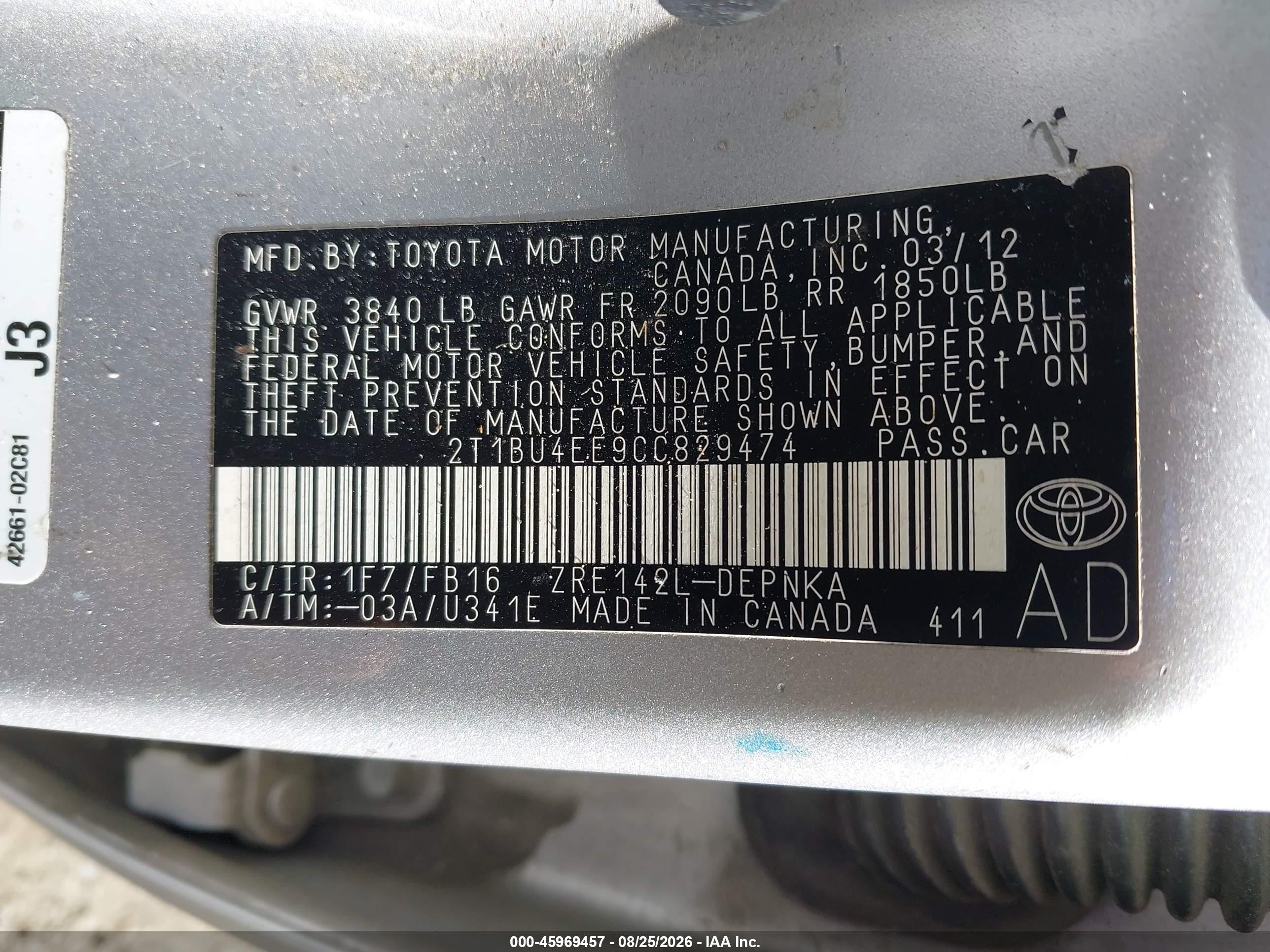 2012 Toyota Corolla Le Silver vin: 2T1BU4EE9CC829474